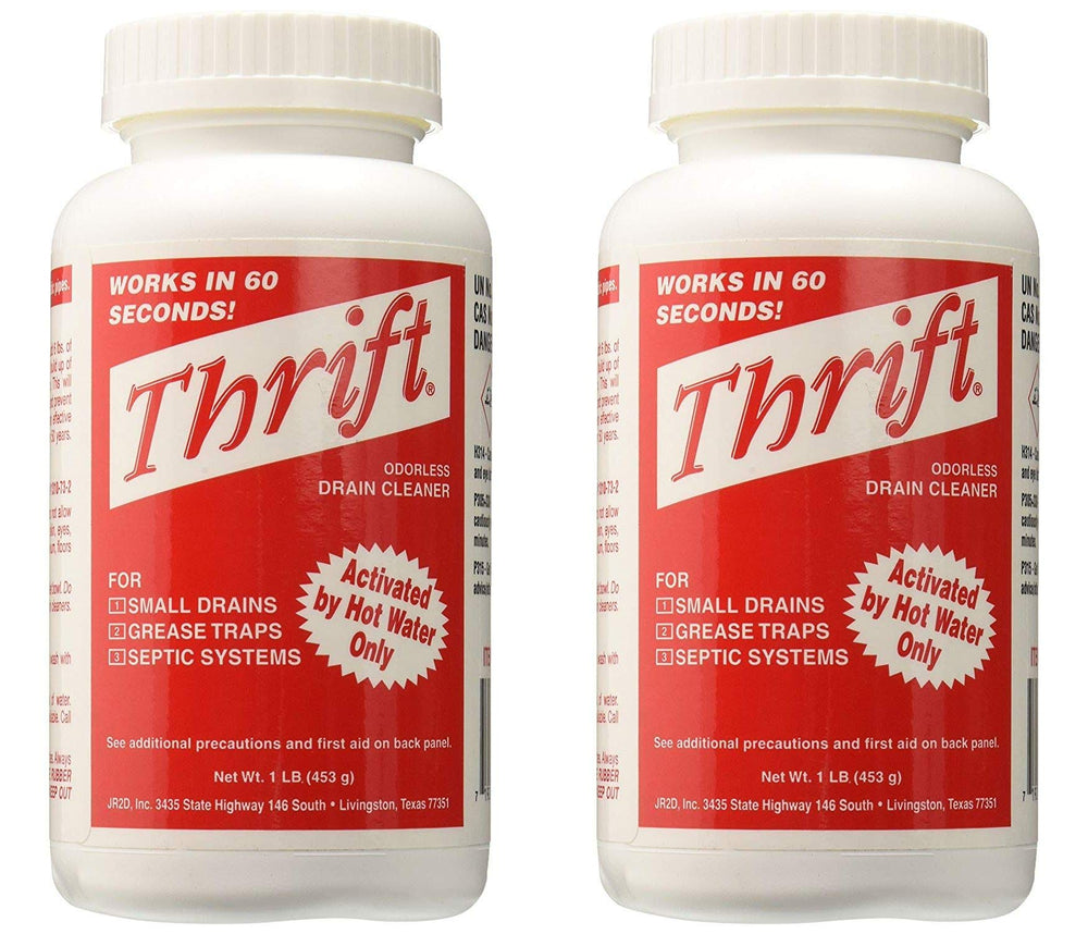Thrift T-100 granular drain cleaner in a bottle targets kitchen and bathroom drains.