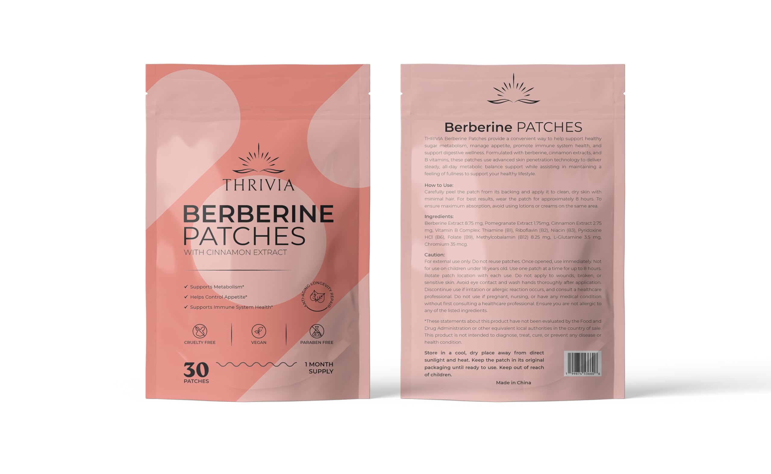 Thrivia Berberine Patches 30‑count pack emphasizes steady supply for ongoing use.