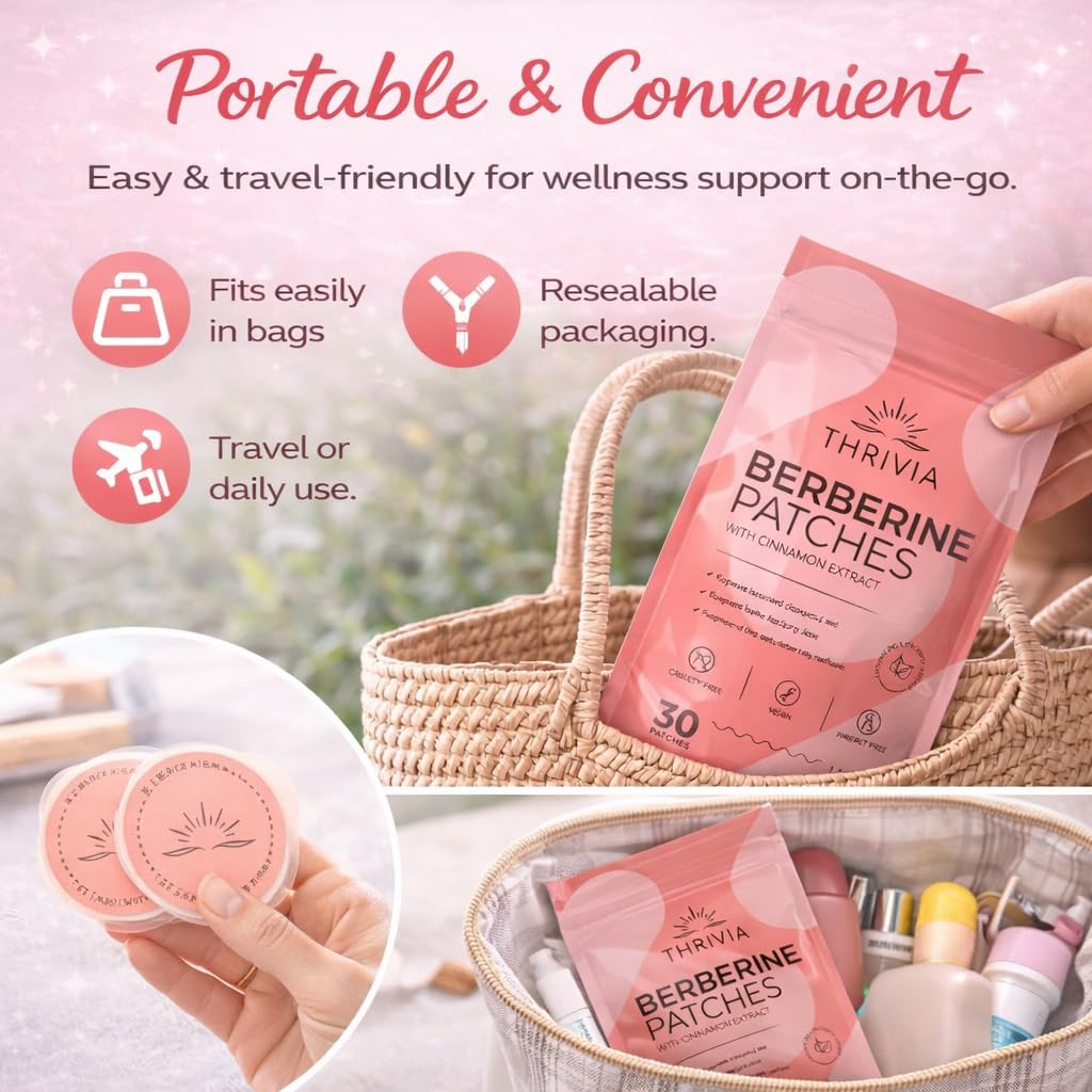 Thrivia Berberine Patches in use illustrate eight‑hour wear for a simple daily habit.
