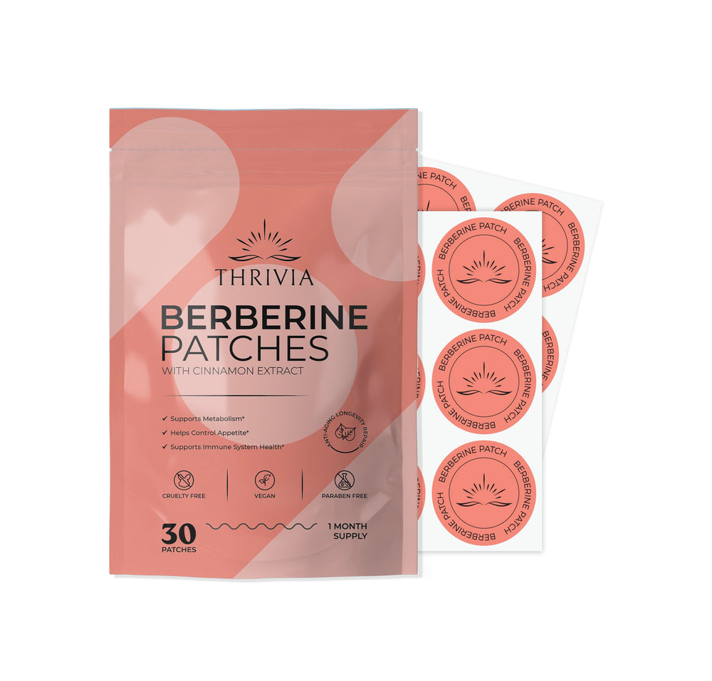 Thrivia Berberine Patches packaging shot highlights convenient, all‑day wear for a discreet routine.