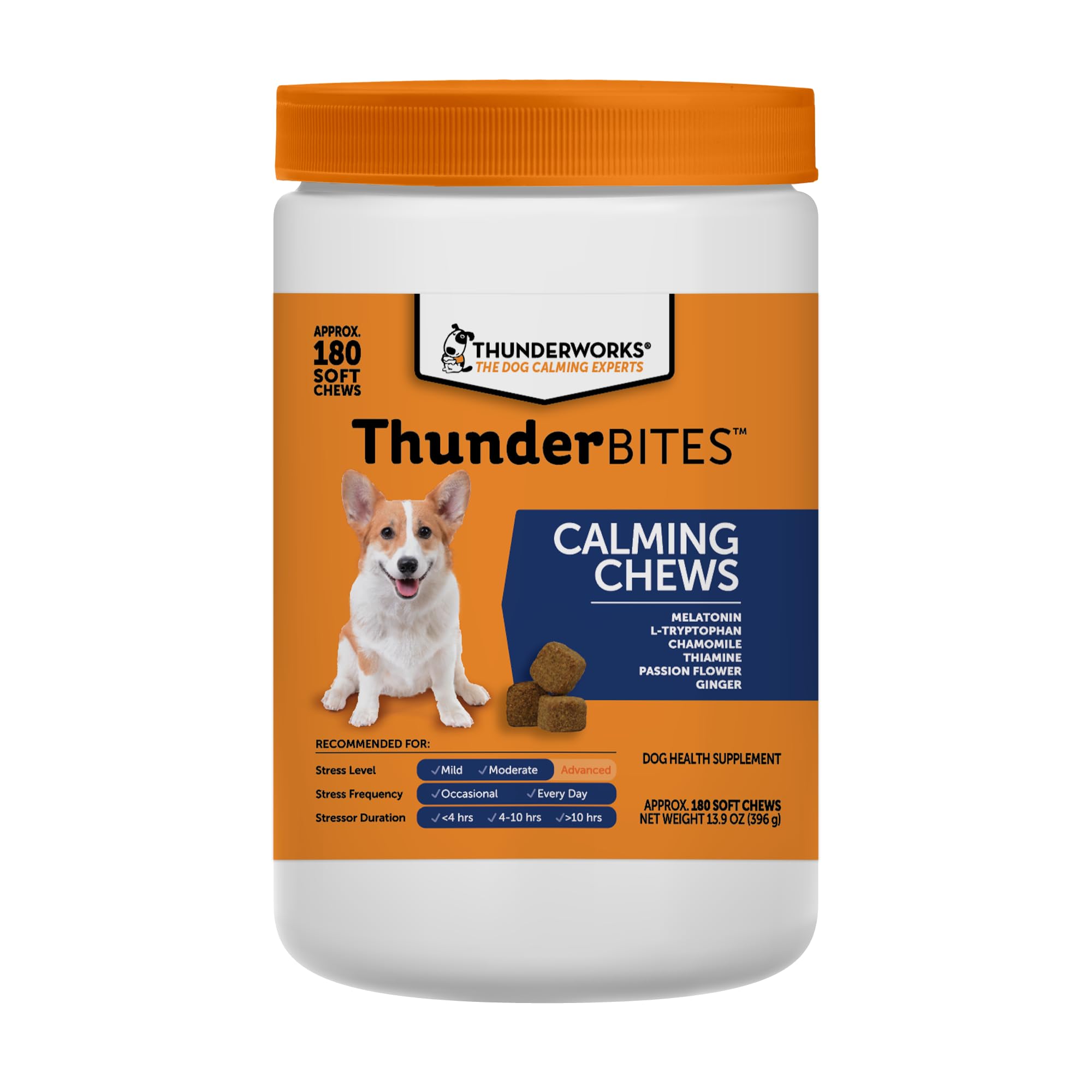 ThunderBites bottle front showing calming chews for dog stress relief