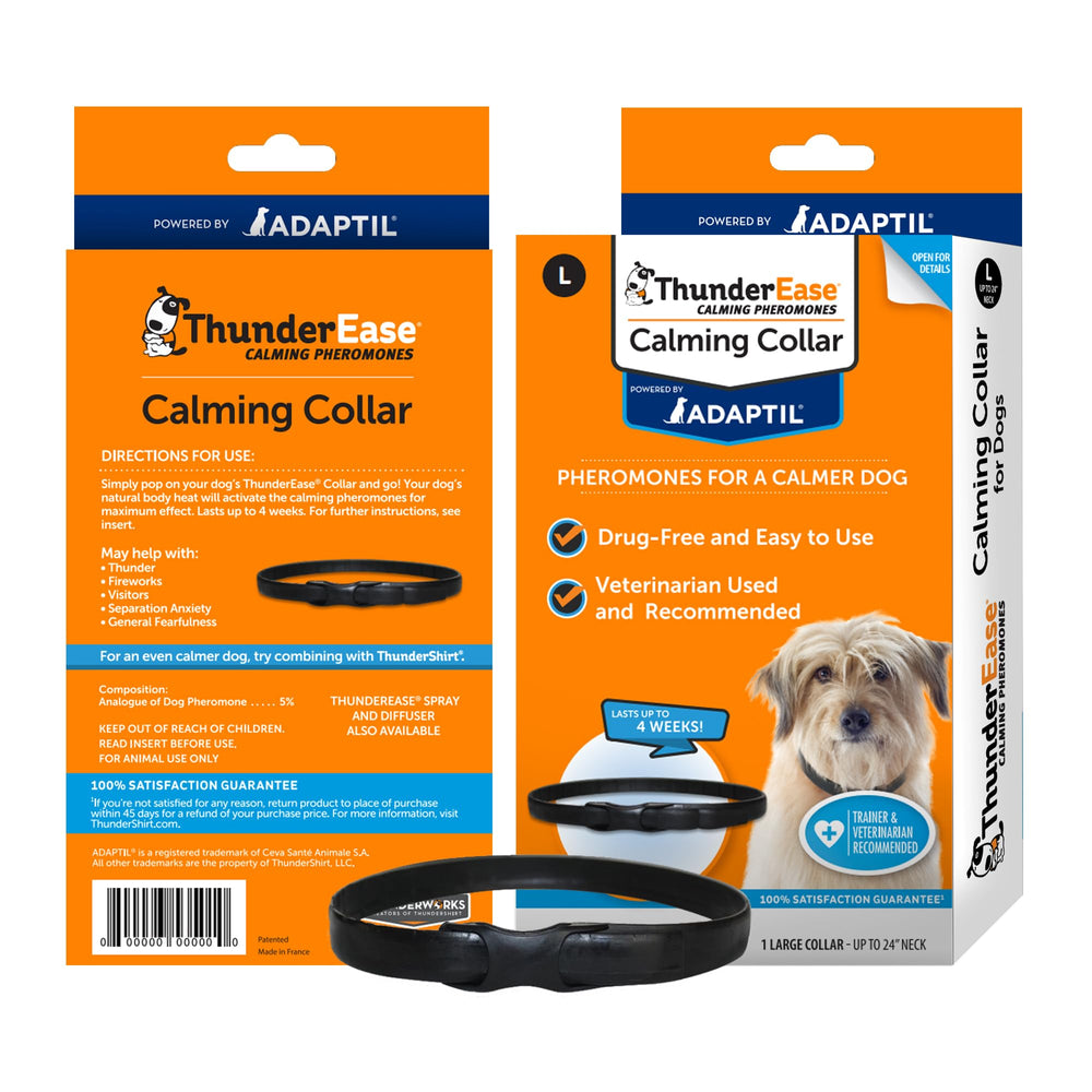 ThunderEase collar closeup reveals calming pheromone design for stress-free walks.