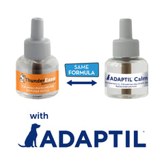 ThunderEase diffuser plugged into outlet demonstrates continuous home calming for stressed dogs.