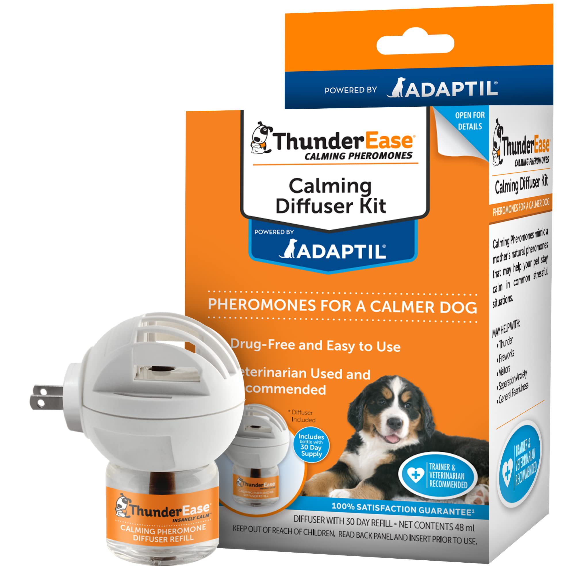 ThunderEase dog calming diffuser kit front view in living room eases separation anxiety