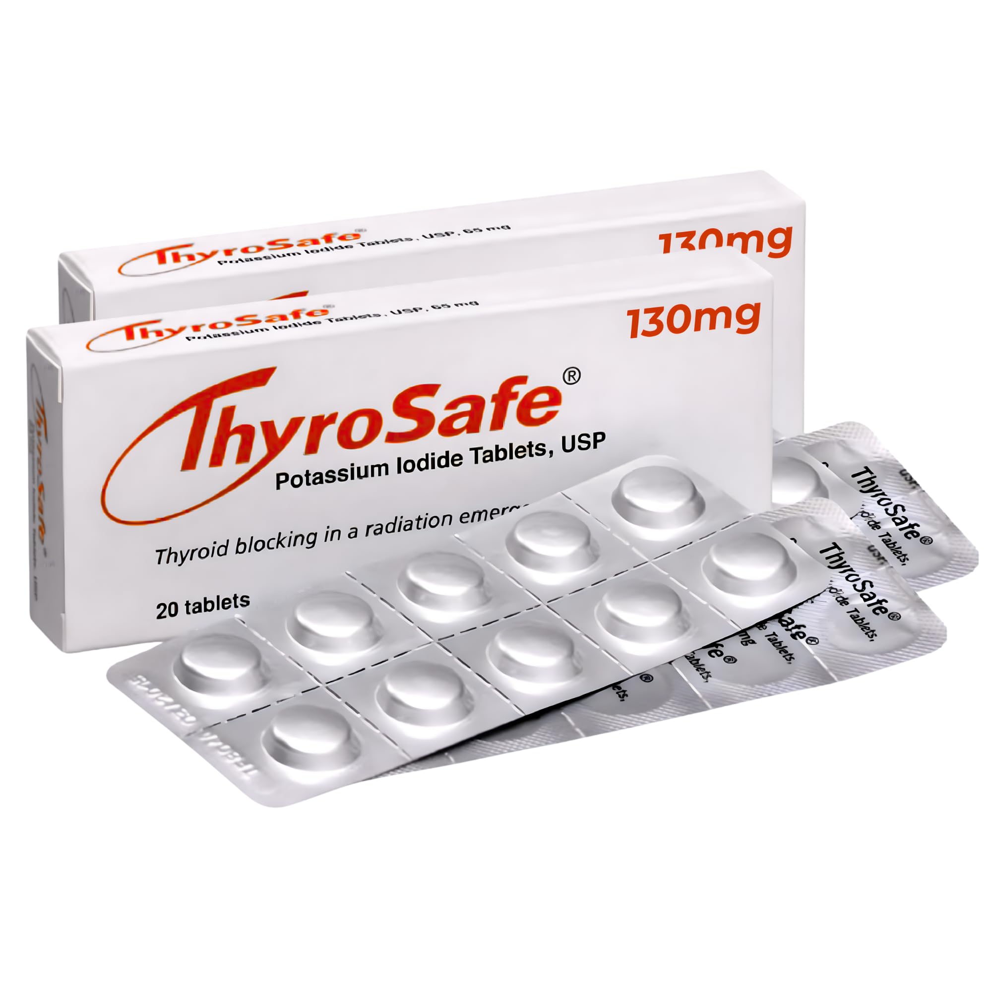 THYROSAFE KI tablets in foil wrapped packaging for long term radiation preparedness.