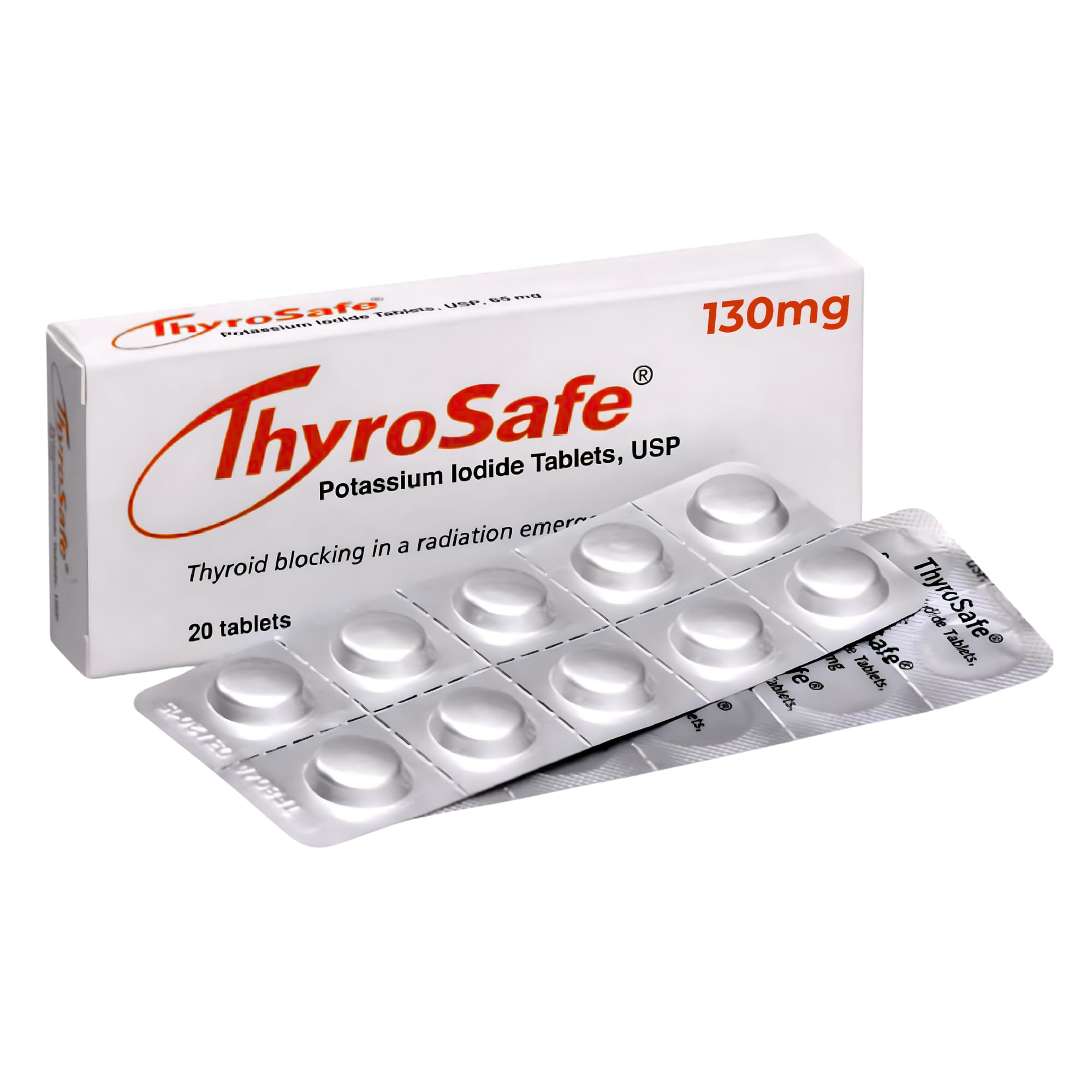 ThyroSafe 130mg tablets bottle pour, convenient access in an emergency kit.