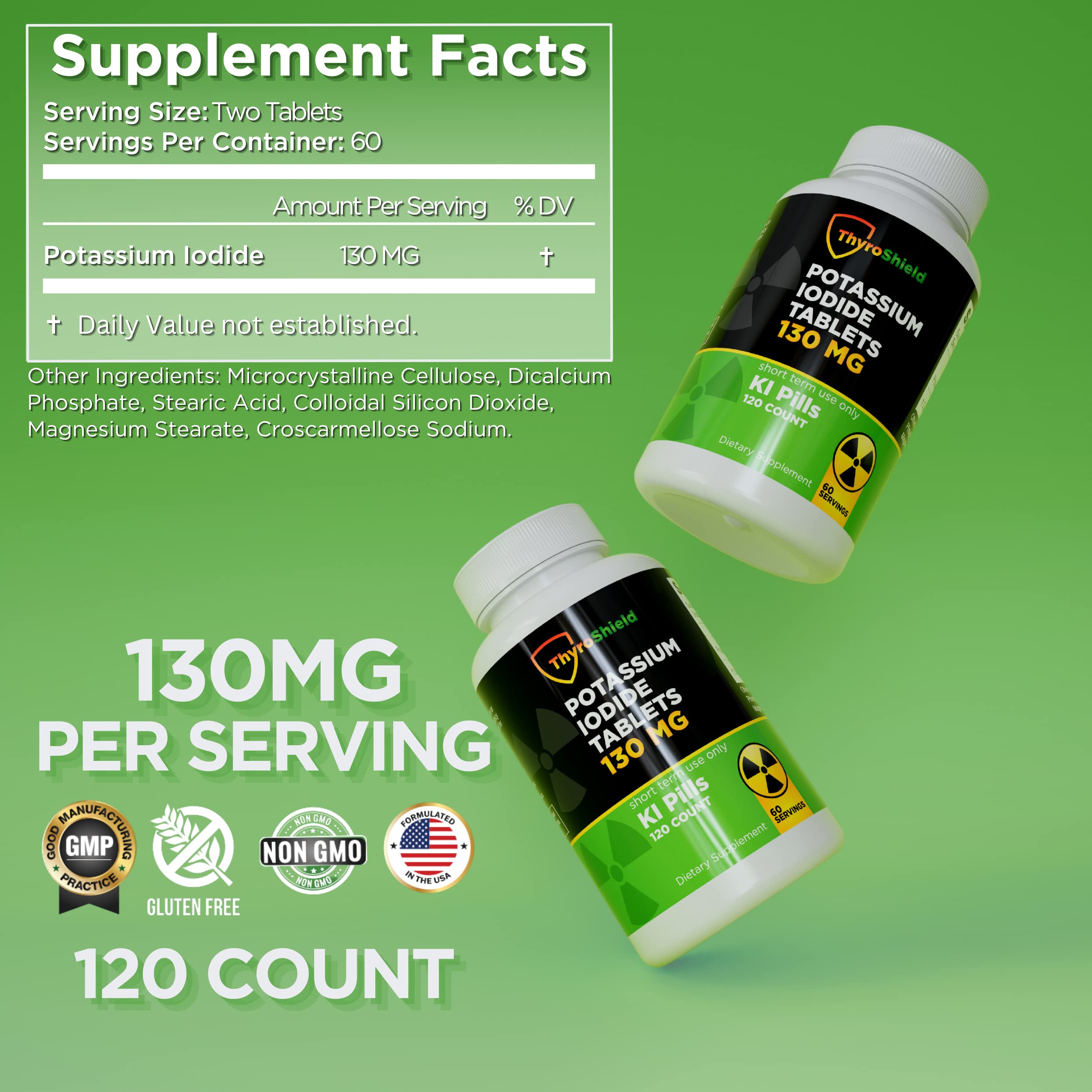 ThyroShield KI tablets closeup shows precise 130 mg dosage.