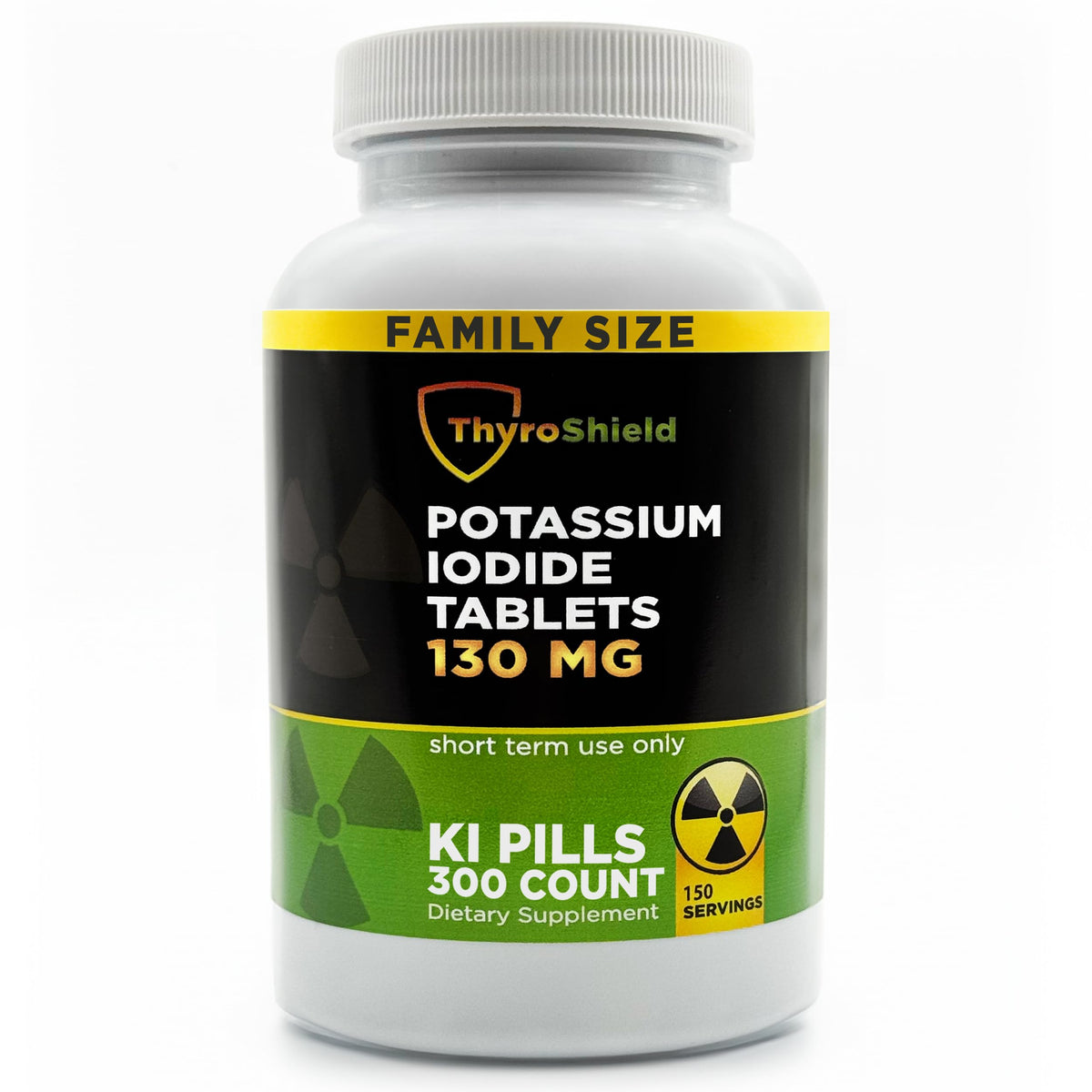 ThyroShield bottle of 130 mg potassium iodide tablets for easy dosing and storage.