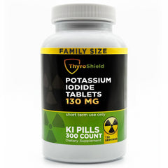 ThyroShield bottle of 130 mg potassium iodide tablets for easy dosing and storage.