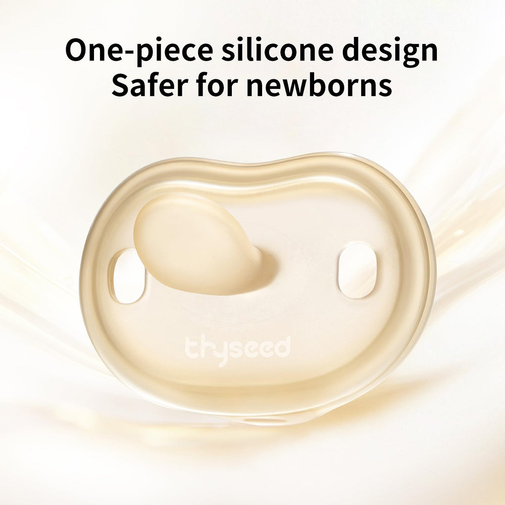 Thyseed pacifier with outward-curved shield protecting sensitive skin.
