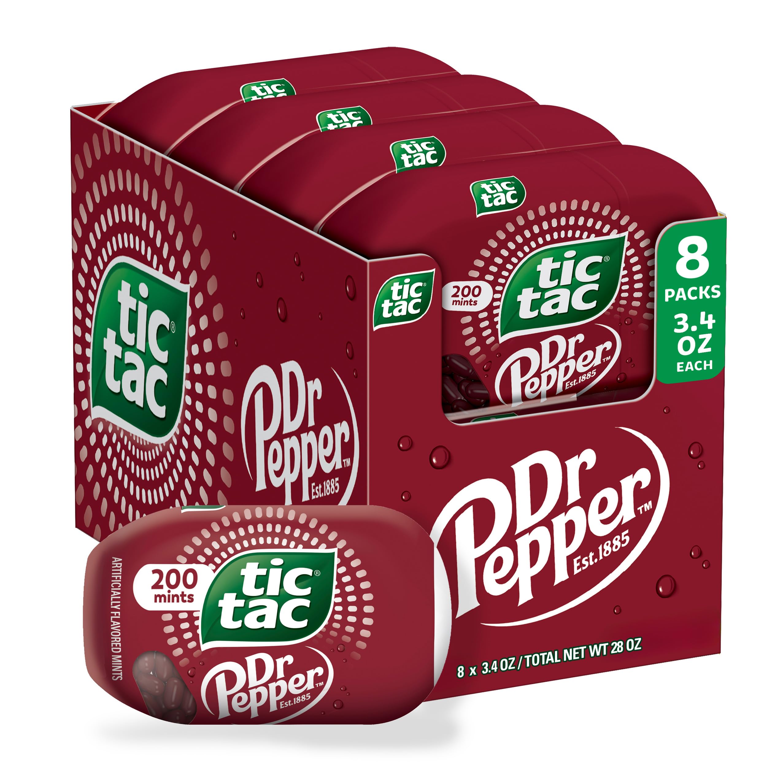 Tic Tac Dr Pepper mints 8-pack front view, grab-and-go refreshment