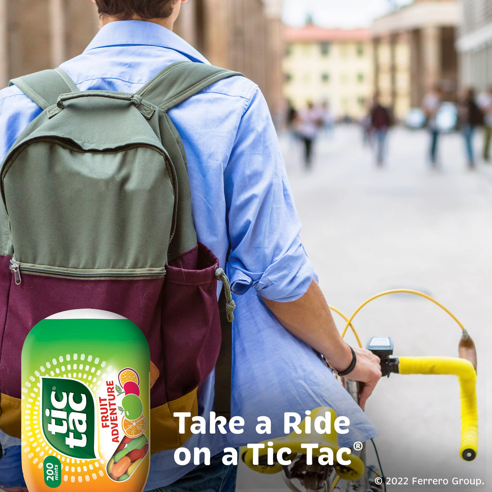 Tic Tac Fruit Adventure gluten-free GMO-free badge on packaging