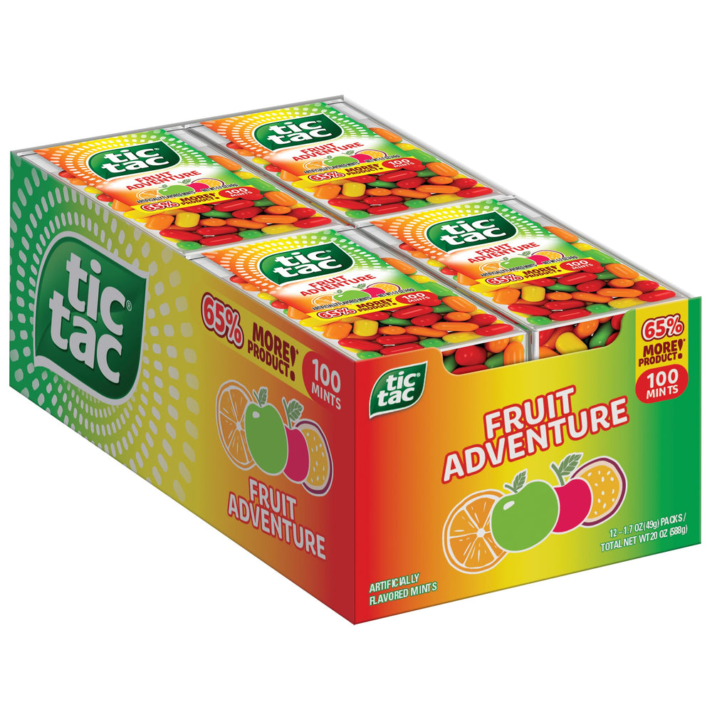 Tic Tac Fruit Adventure mint pack front view for portable refreshment after meals.