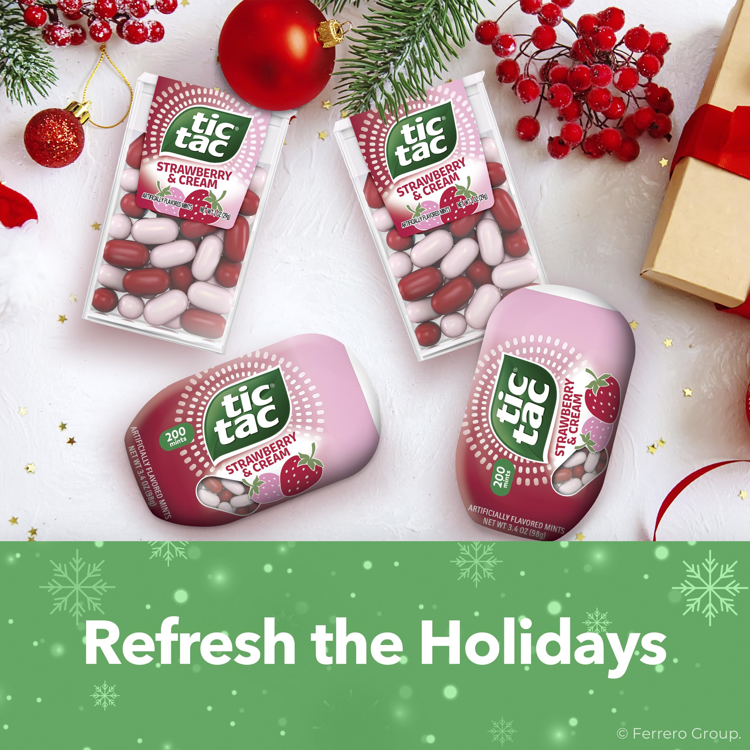 Tic Tac Strawberry and Cream container close-up highlights fruity creamy flavor