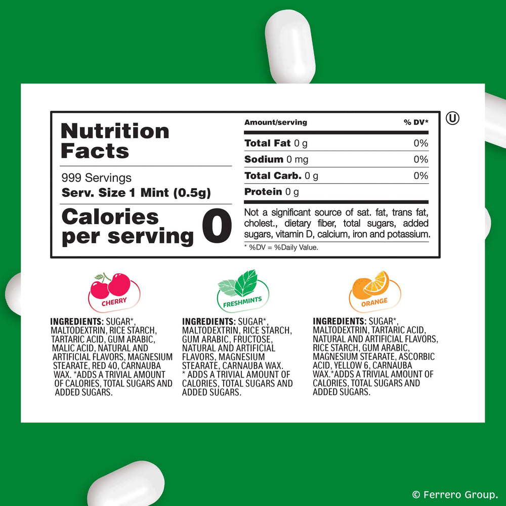 Tic Tac Variety Mega Box back panel with contents and size.