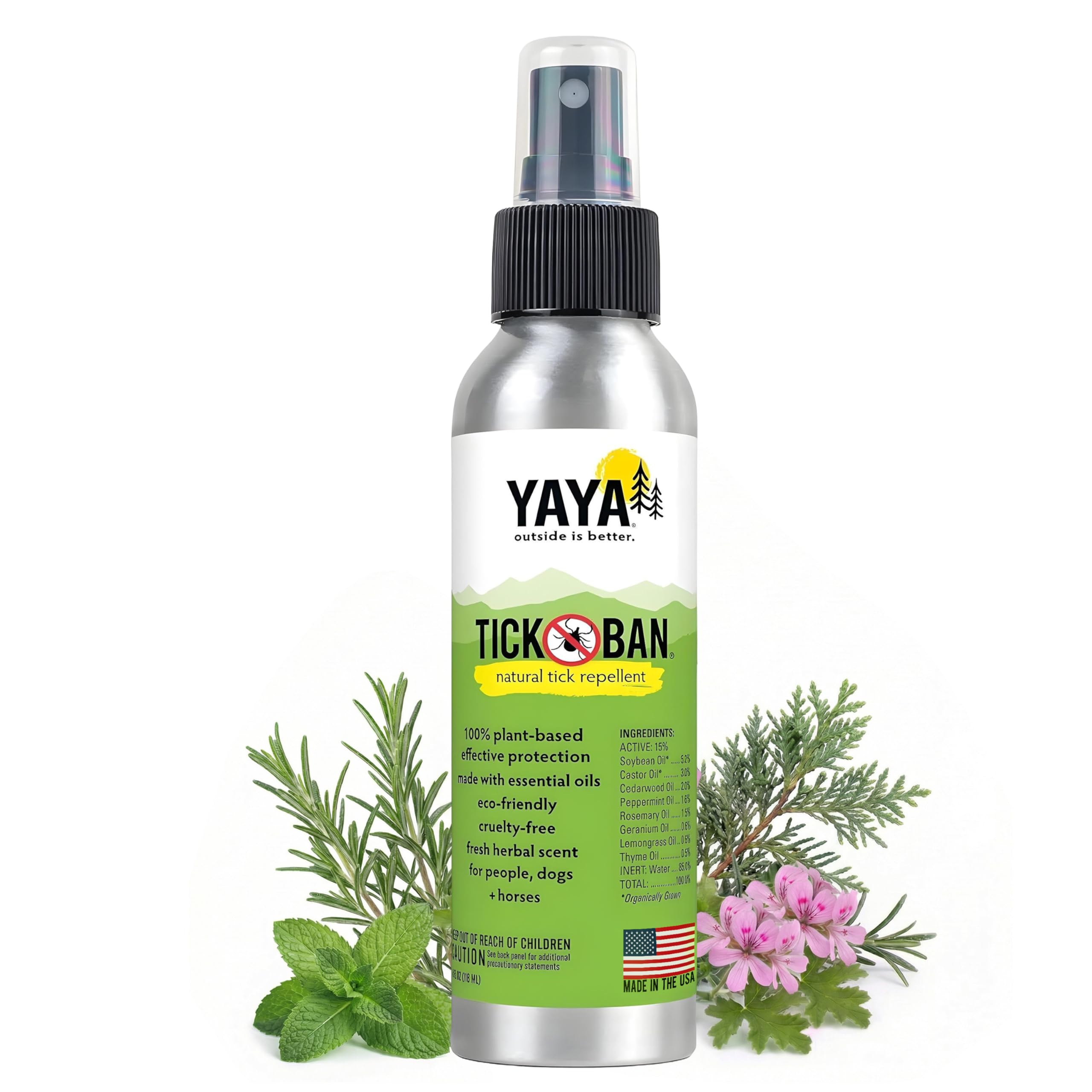 Tick Ban Yaya Organics spray bottle shown for outdoor tick protection