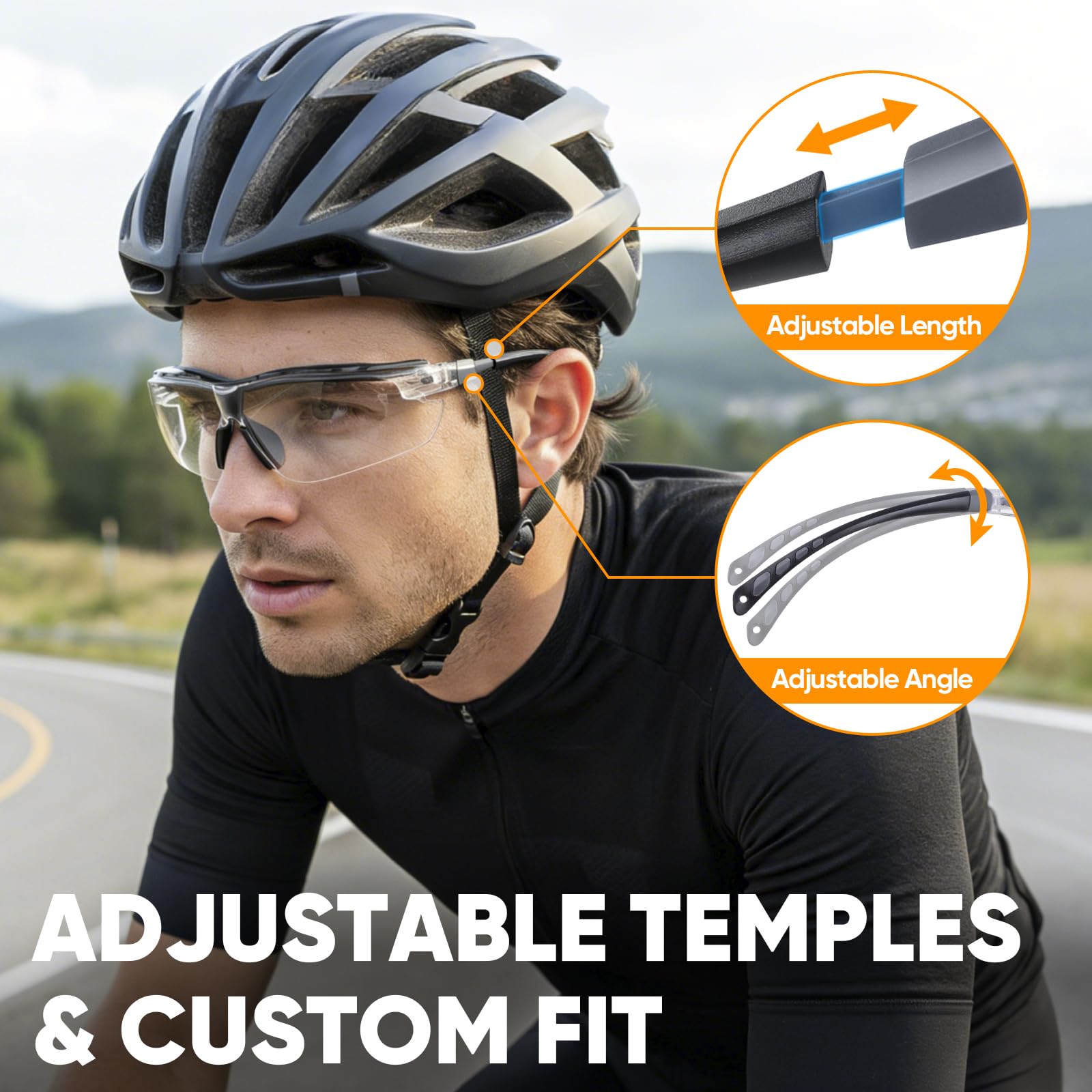 TICONN adjustable temples on safety glasses for a customized fit.
