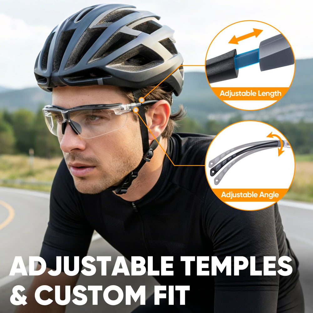 TICONN adjustable temples on safety glasses for a customized fit.