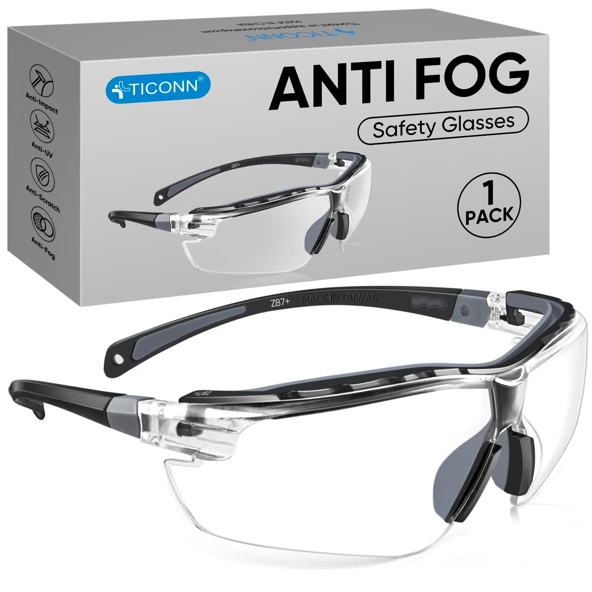 TICONN anti-fog safety glasses with wraparound coverage for clear vision on the job.