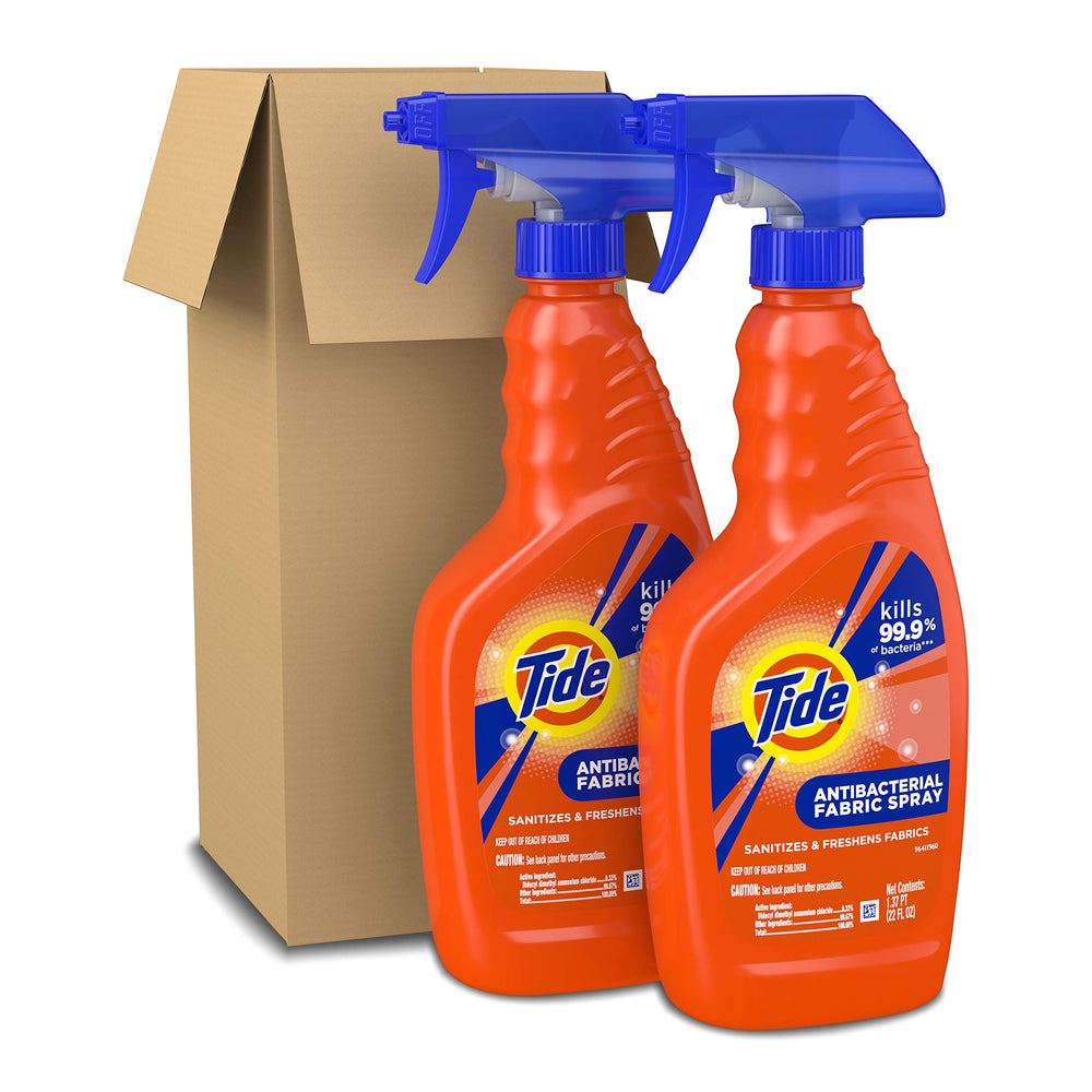 Tide Antibacterial Fabric Spray label closeup showing scent and effectiveness.