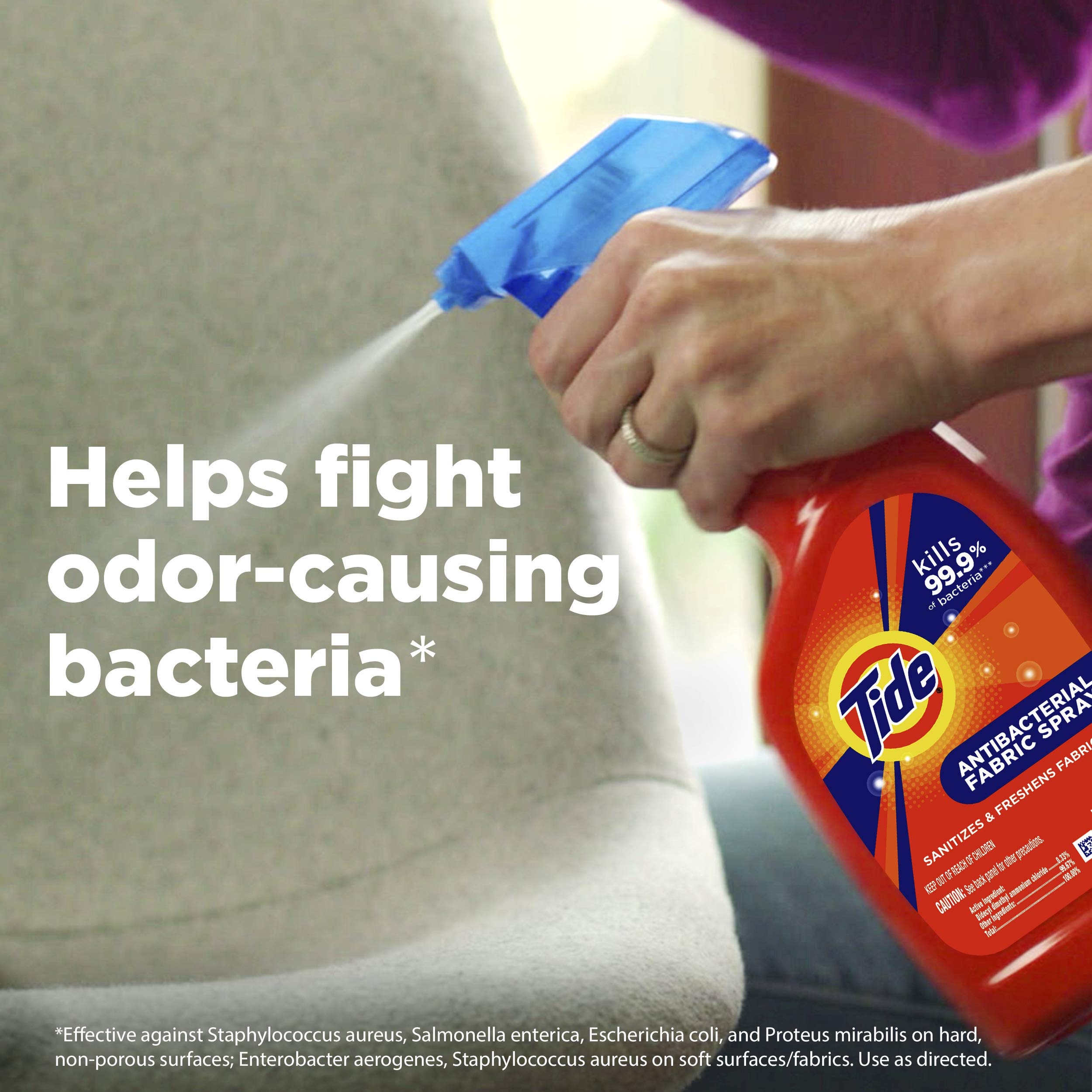 Tide Antibacterial Fabric Spray used on bedding and towels for freshness.