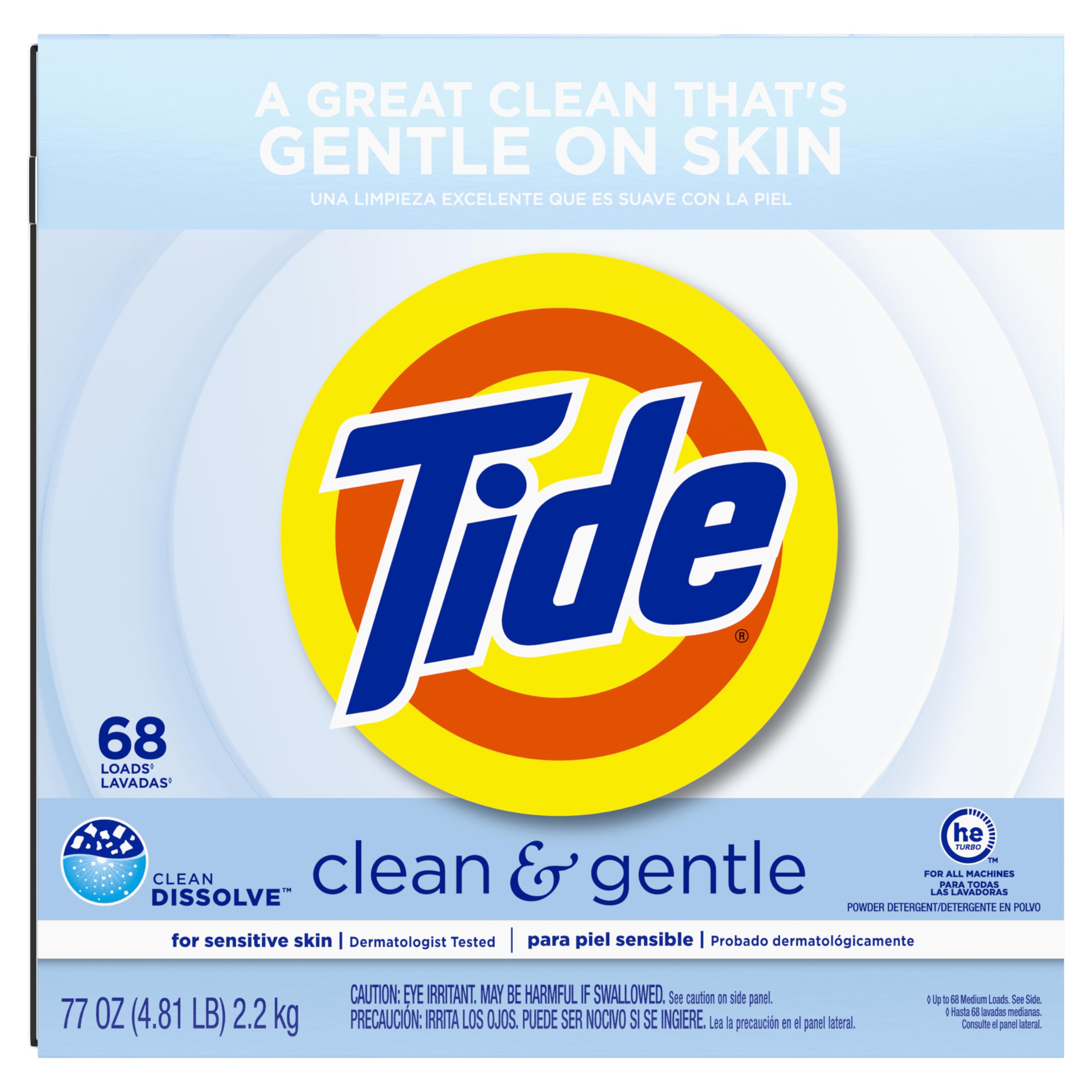 Three-in-one Tide Clean and Gentle powder: scent-free, hypoallergenic, stain remover.