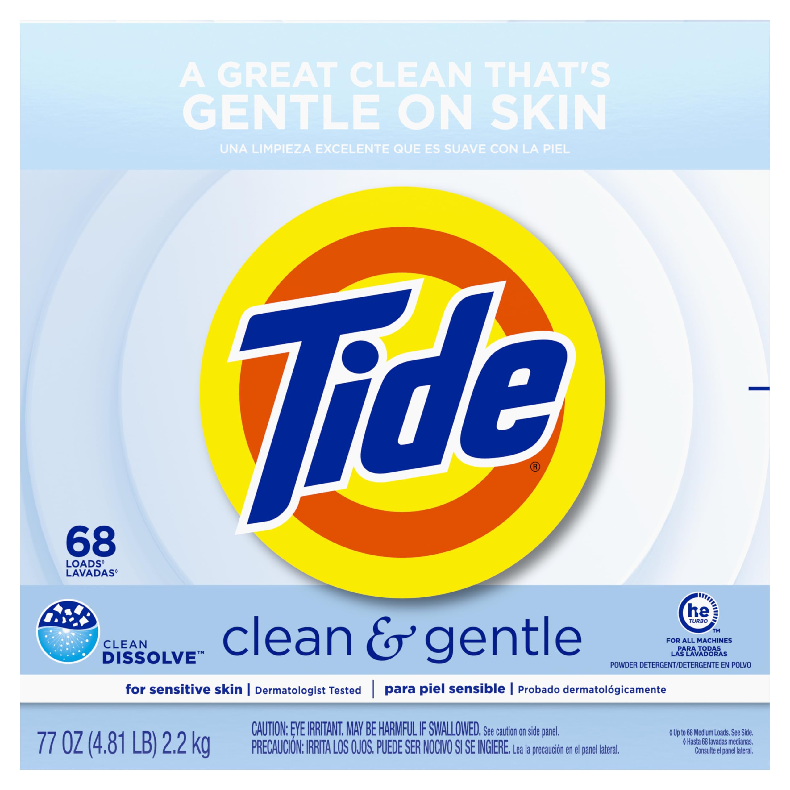 Family laundry with Tide Clean and Gentle powder, gentle on skin.
