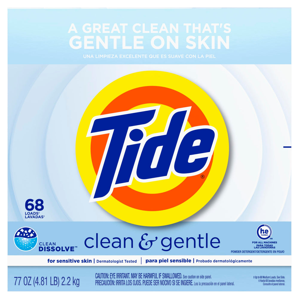 Family laundry with Tide Clean and Gentle powder, gentle on skin.