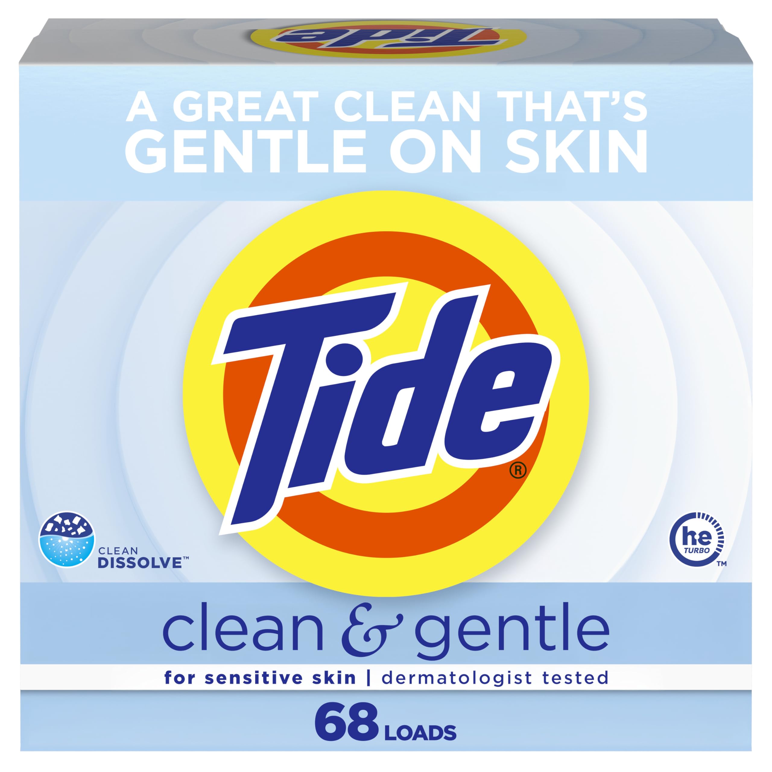 Tide Clean and Gentle powder box, unscented and dye-free for sensitive skin.