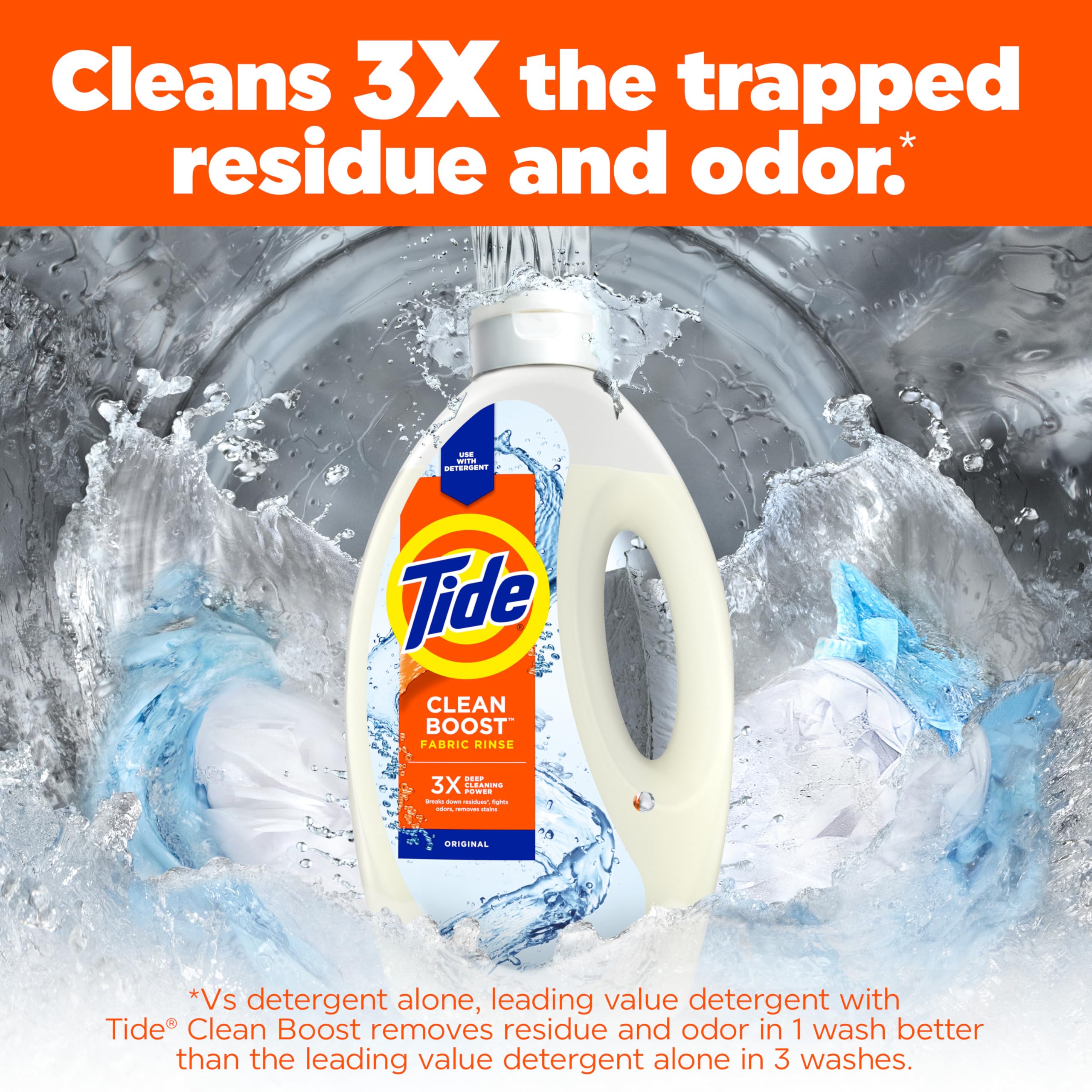 Closeup of Tide Clean Boost label showing dye-free, gentle formula