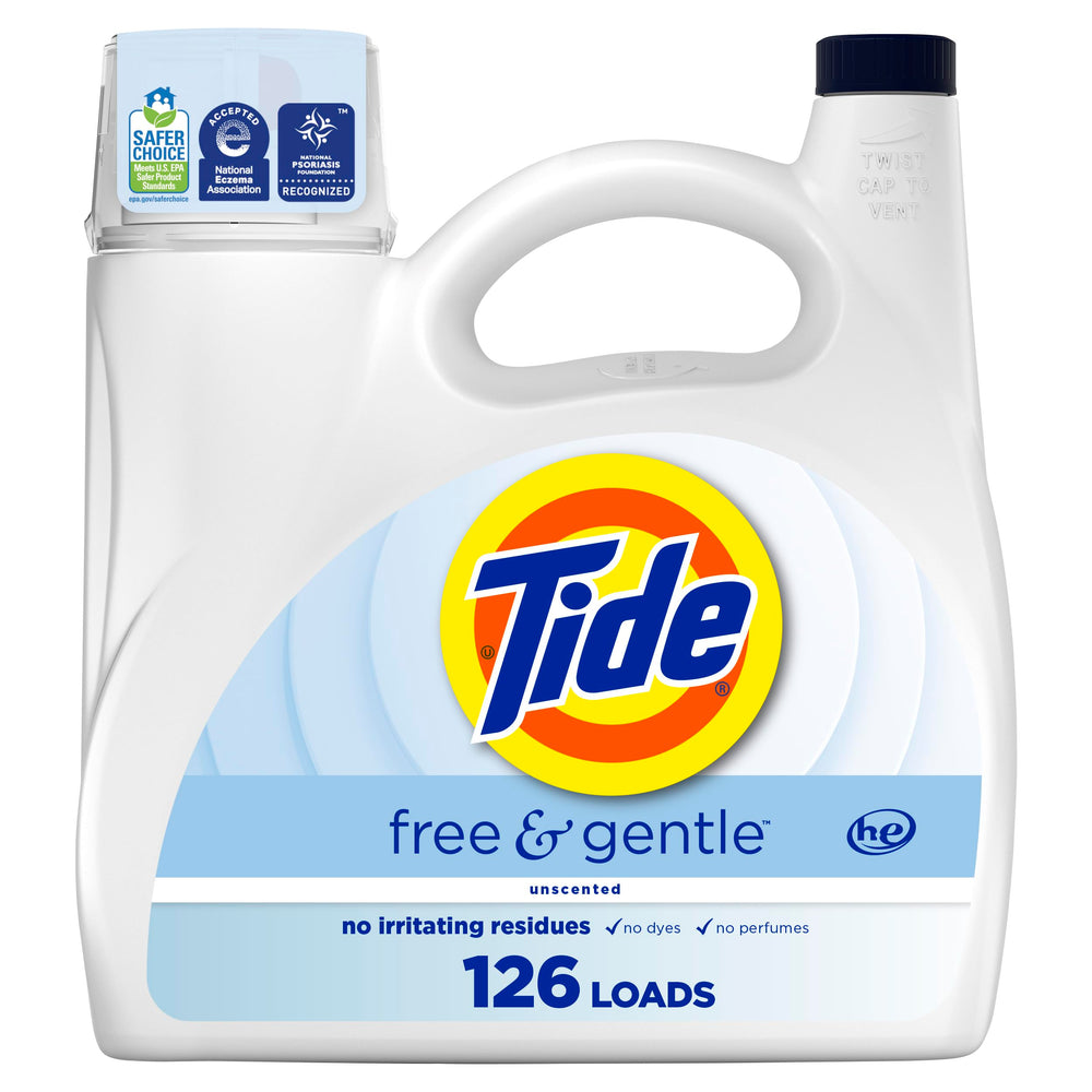 Tide Free & Gentle bottle front, dye- and fragrance-free for sensitive skin