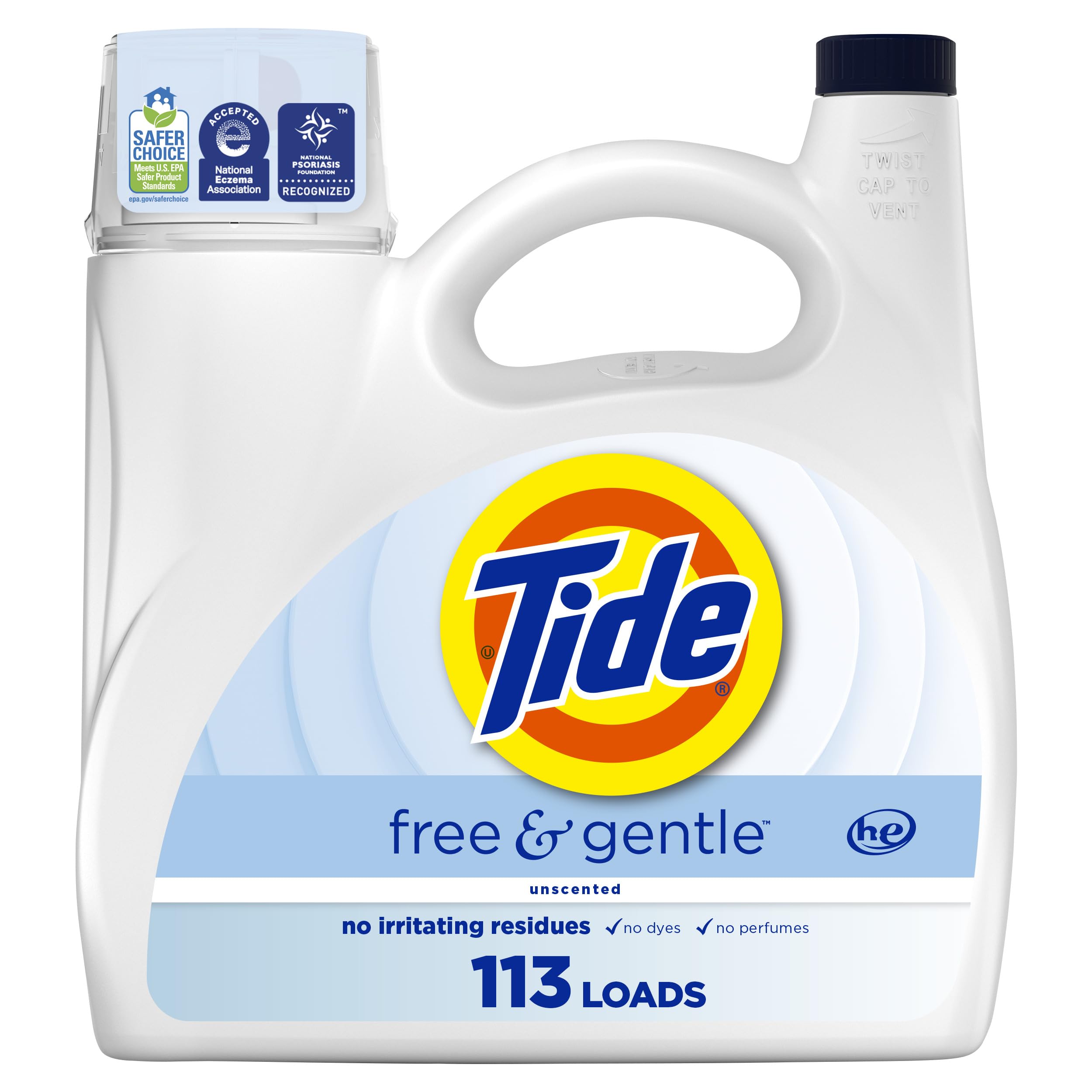 Tide Free & Gentle liquid bottle front highlights a dye-free formula for sensitive skin.