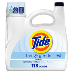 Tide Free & Gentle liquid bottle front highlights a dye-free formula for sensitive skin.