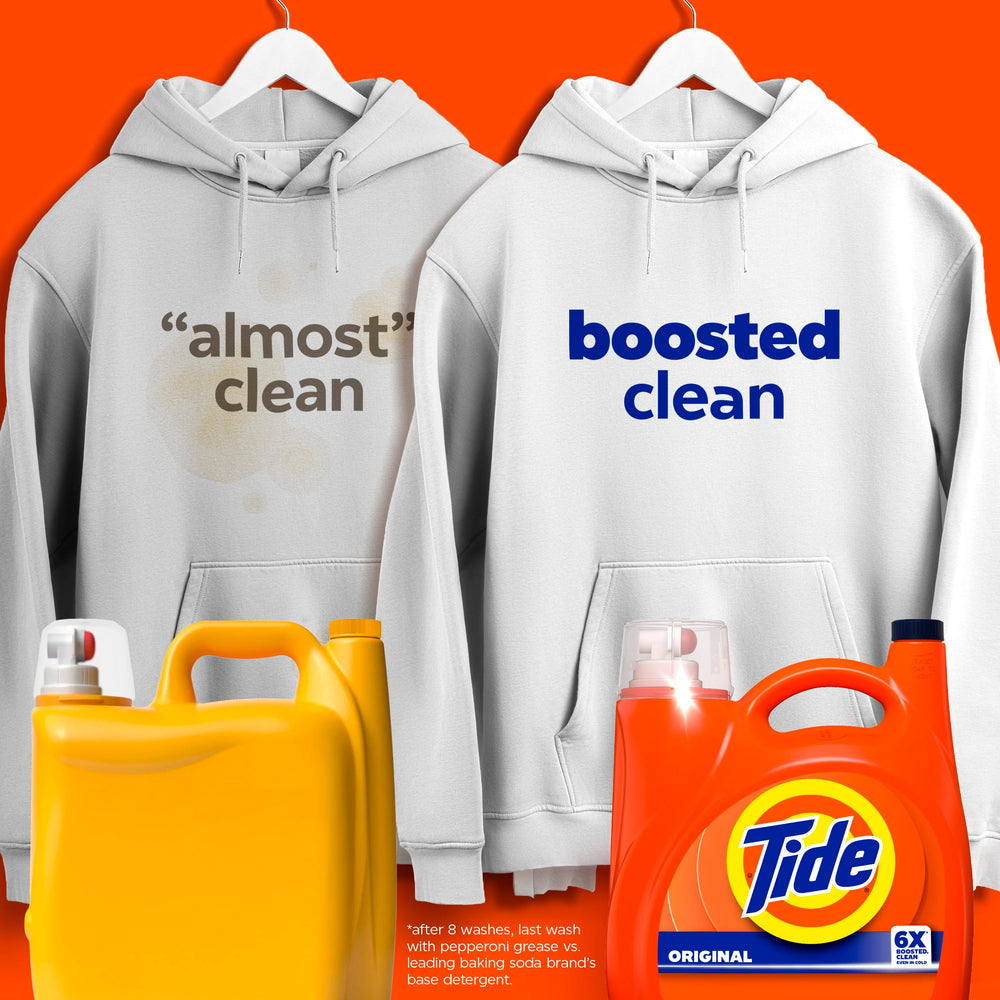 Tide Original Scent bottle back highlighting stain removal and freshness features