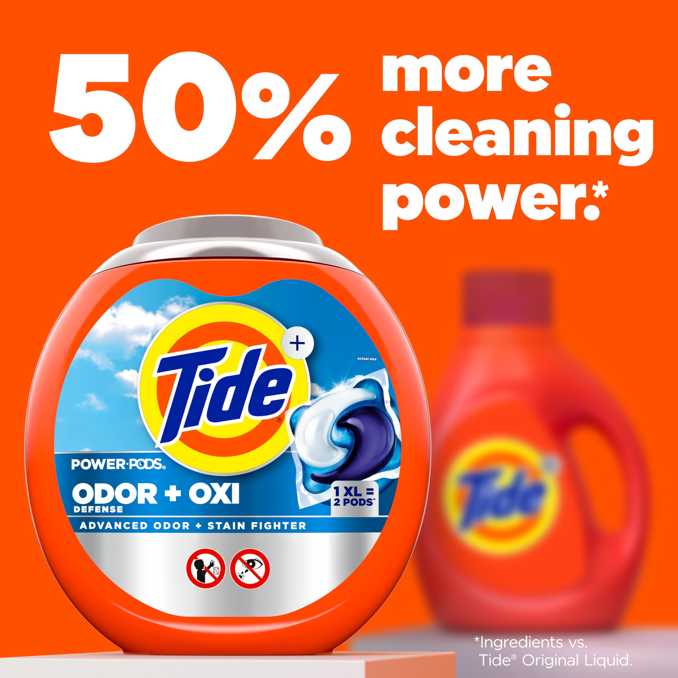 Large-size Tide Odor Defense Oxi Pods packaging highlights per-load strength.