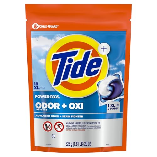 Laundry room scene featuring Tide Odor Defense Oxi Pods and original scent.