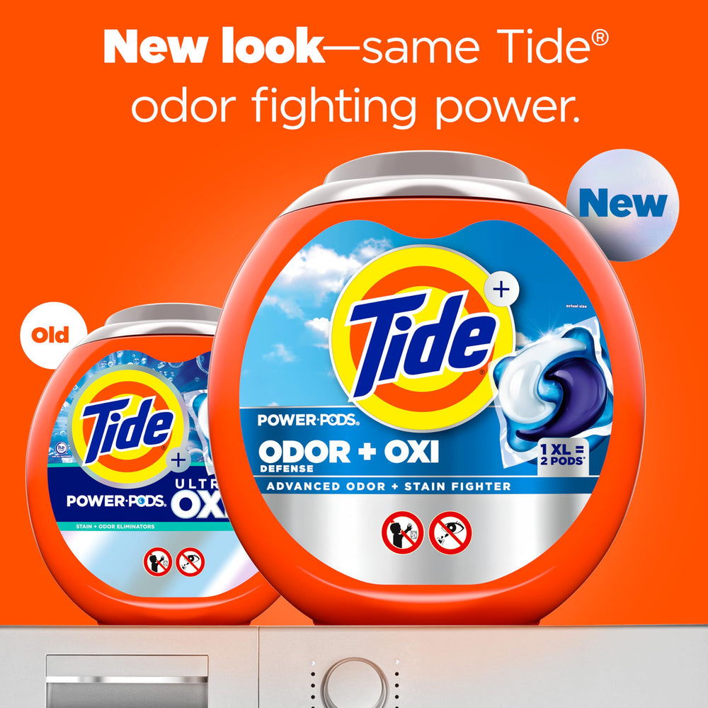 Tide Odor Defense Oxi Pods packaging closeup highlights odor and stain fighting power.