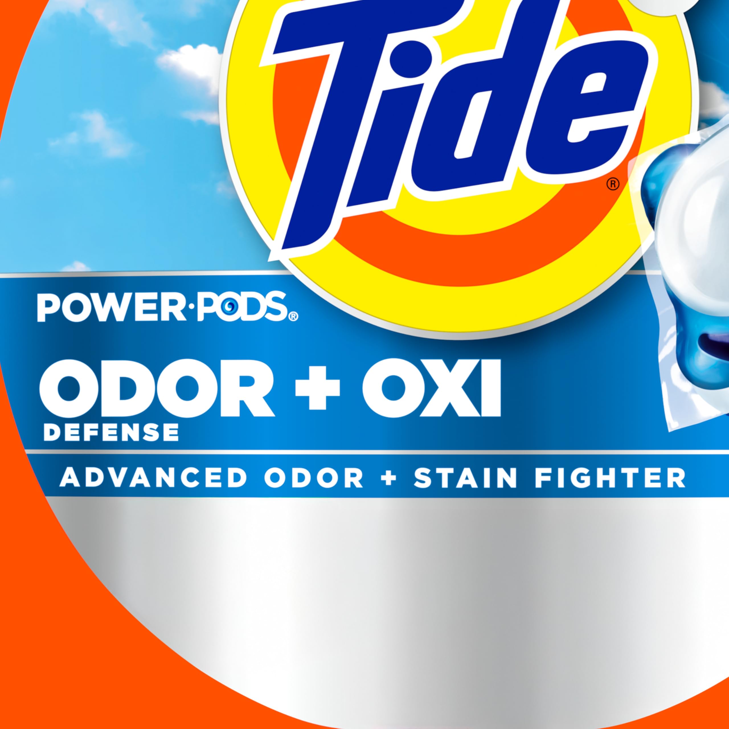 Bottle and label visible for easy storage and handling of Tide Odor Defense Oxi Pods.