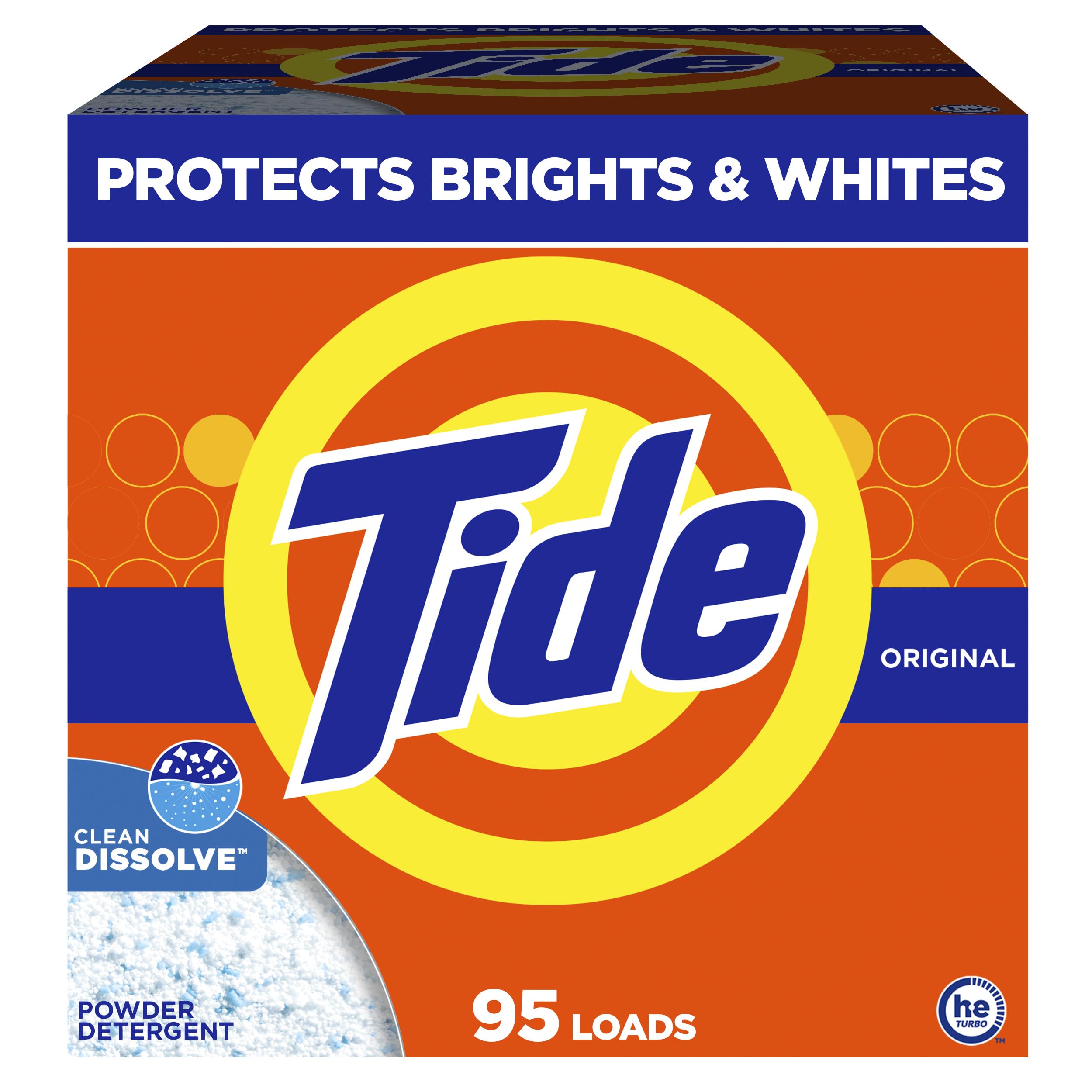 Tide Original Powder Detergent bottle pour demonstrates quick dissolution for color-safe cleaning