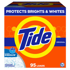 Tide Original Powder Detergent bottle pour demonstrates quick dissolution for color-safe cleaning