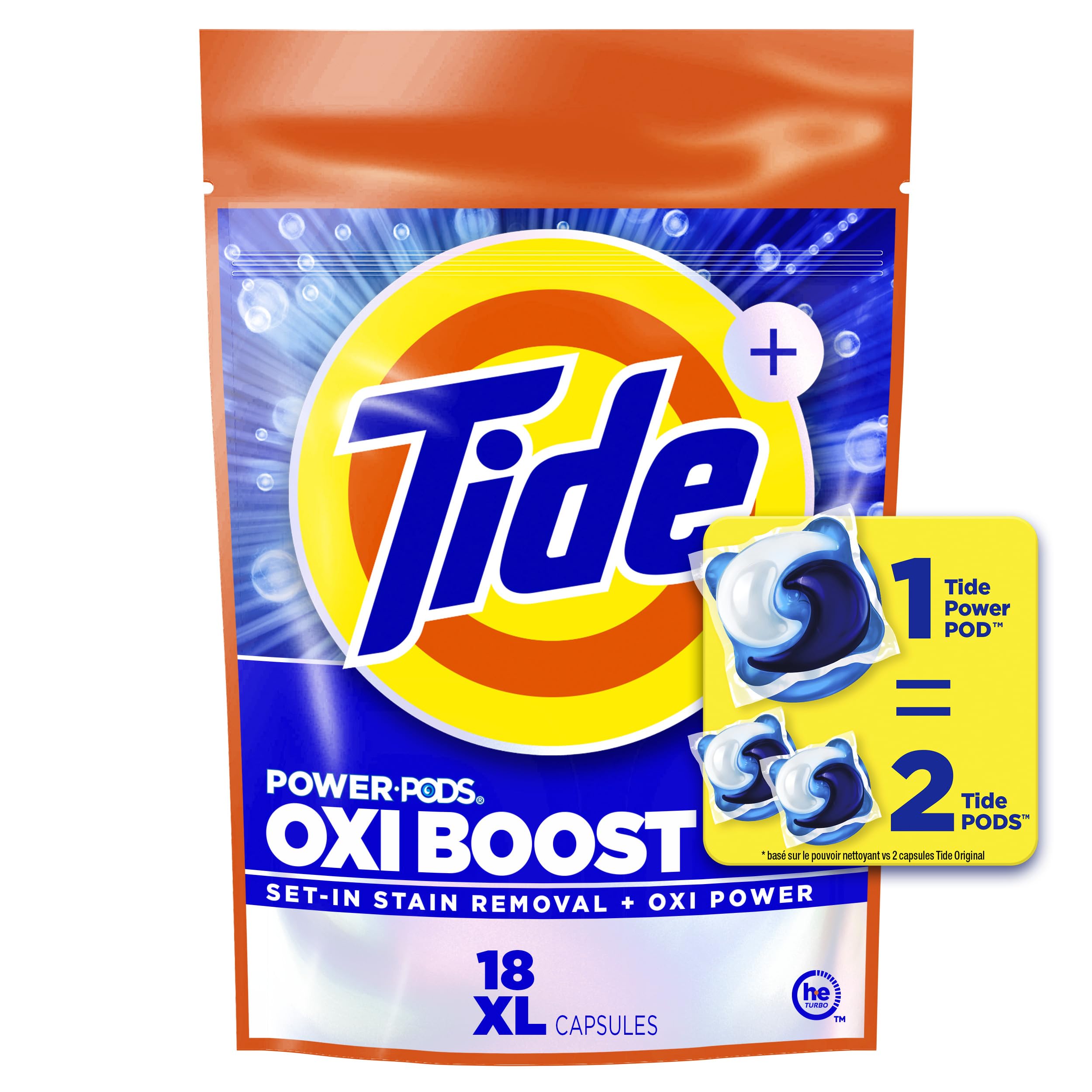 Tide Oxi Boost Power PODS dispense pod shows easy dosing for tough stains