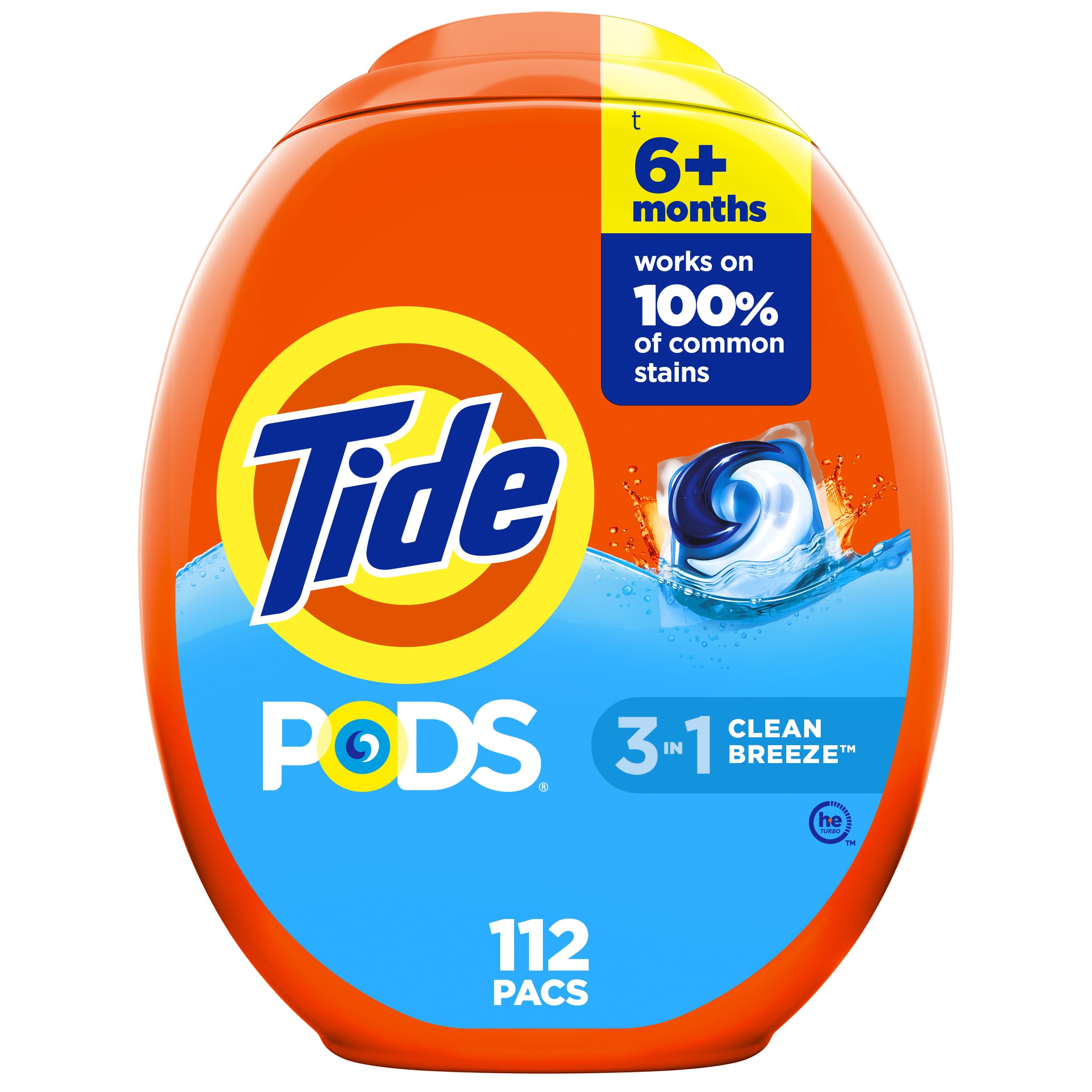 Tide PODS 112-count pack front view, a convenient one-step laundry solution.