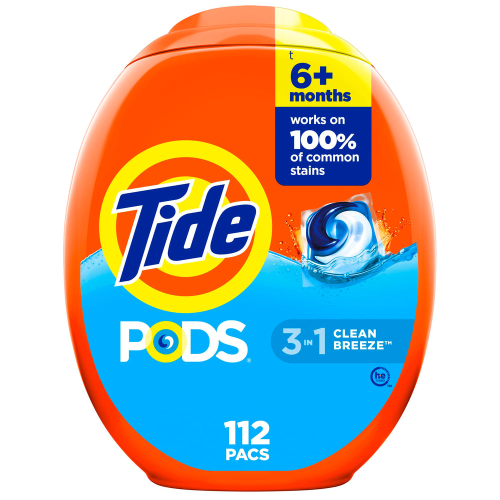 Tide PODS 112-count pack front view, a convenient one-step laundry solution.