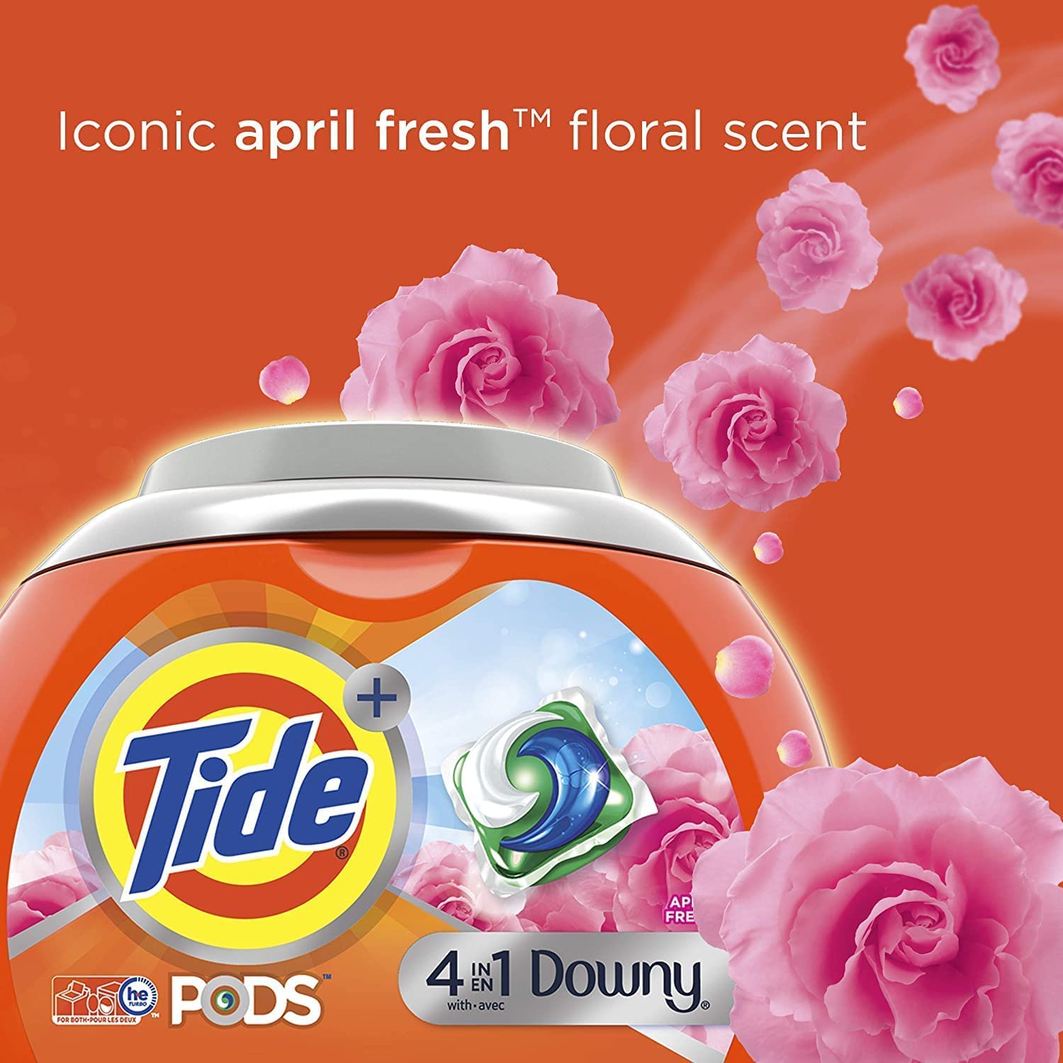 Tide PODS Downy April Fresh front box shot highlighting color protection.