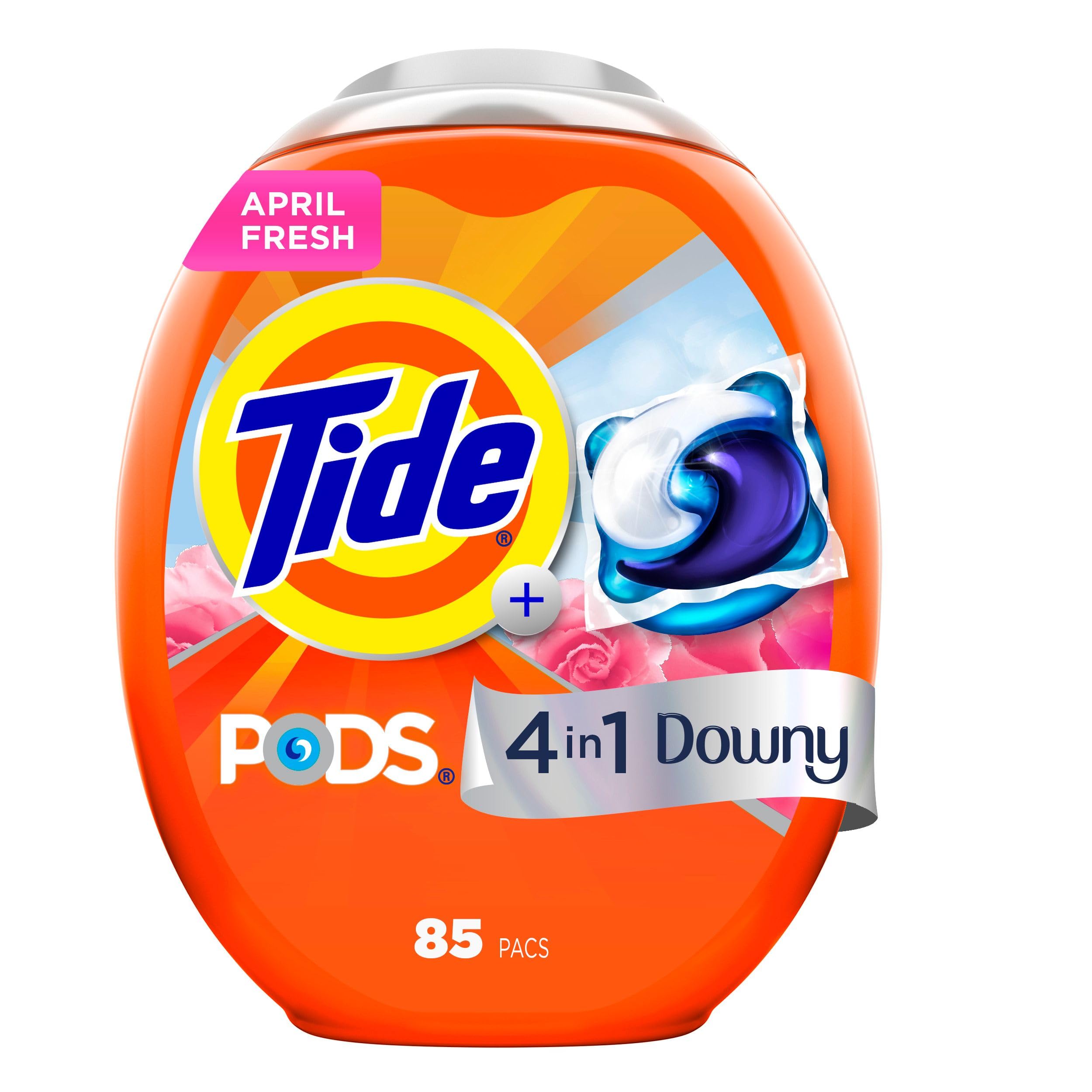 Tide PODS with Downy in the washing machine drum for easy, powerful cleaning.