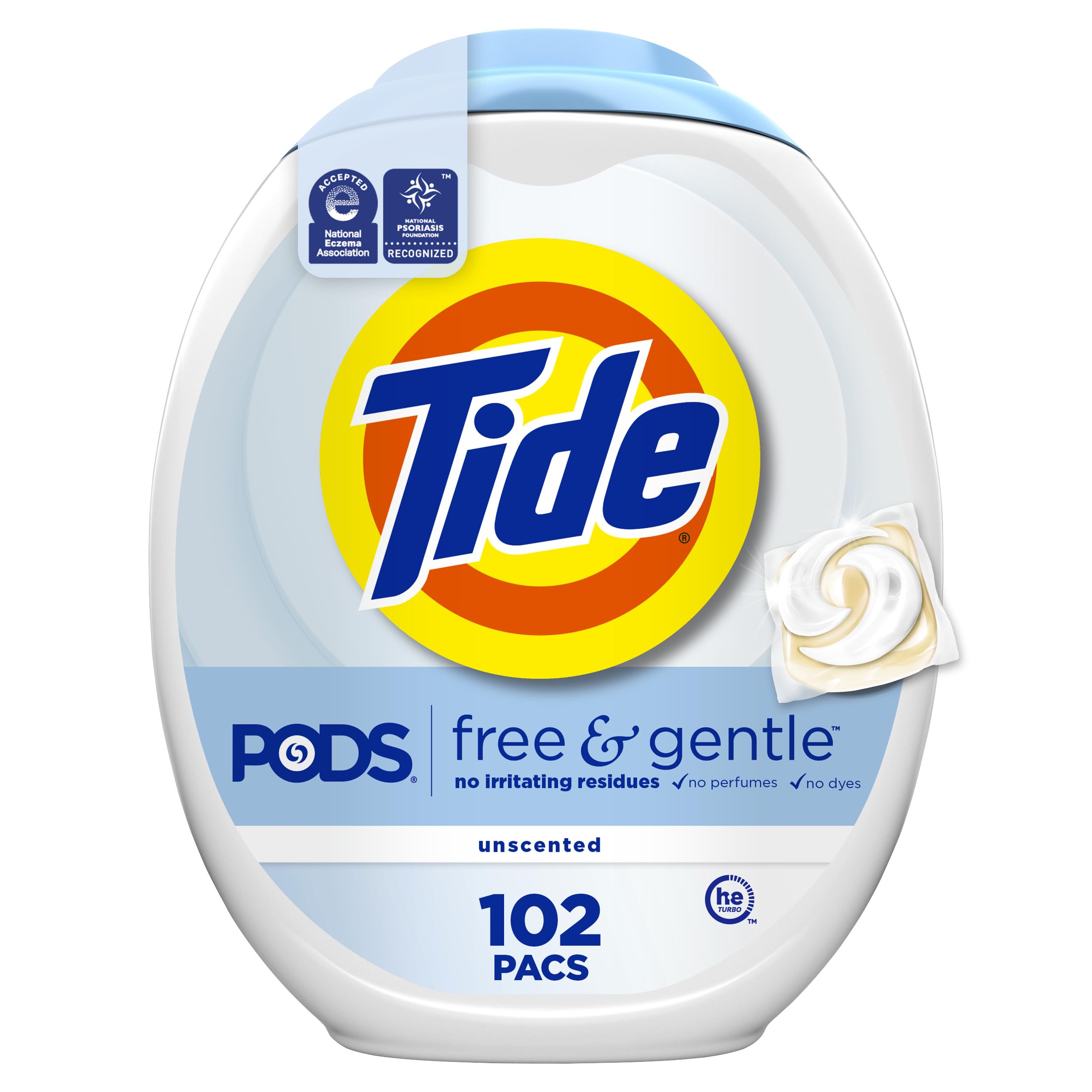 Tide PODS Free & Gentle pacs in drum ready for quick laundry loads.