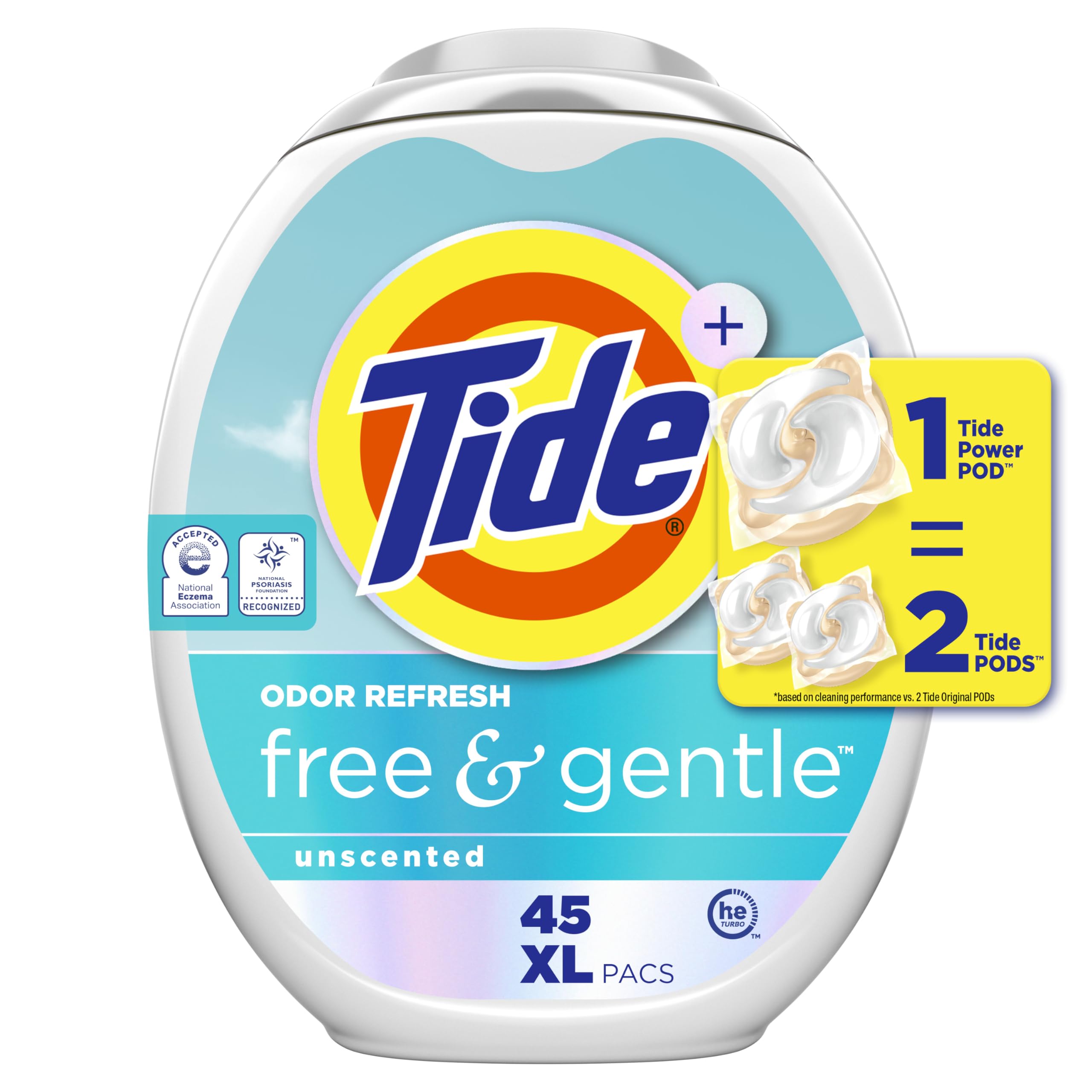 Tide PODS Free & Gentle Odor Refresh pod dispensing into a washing machine for easy loads