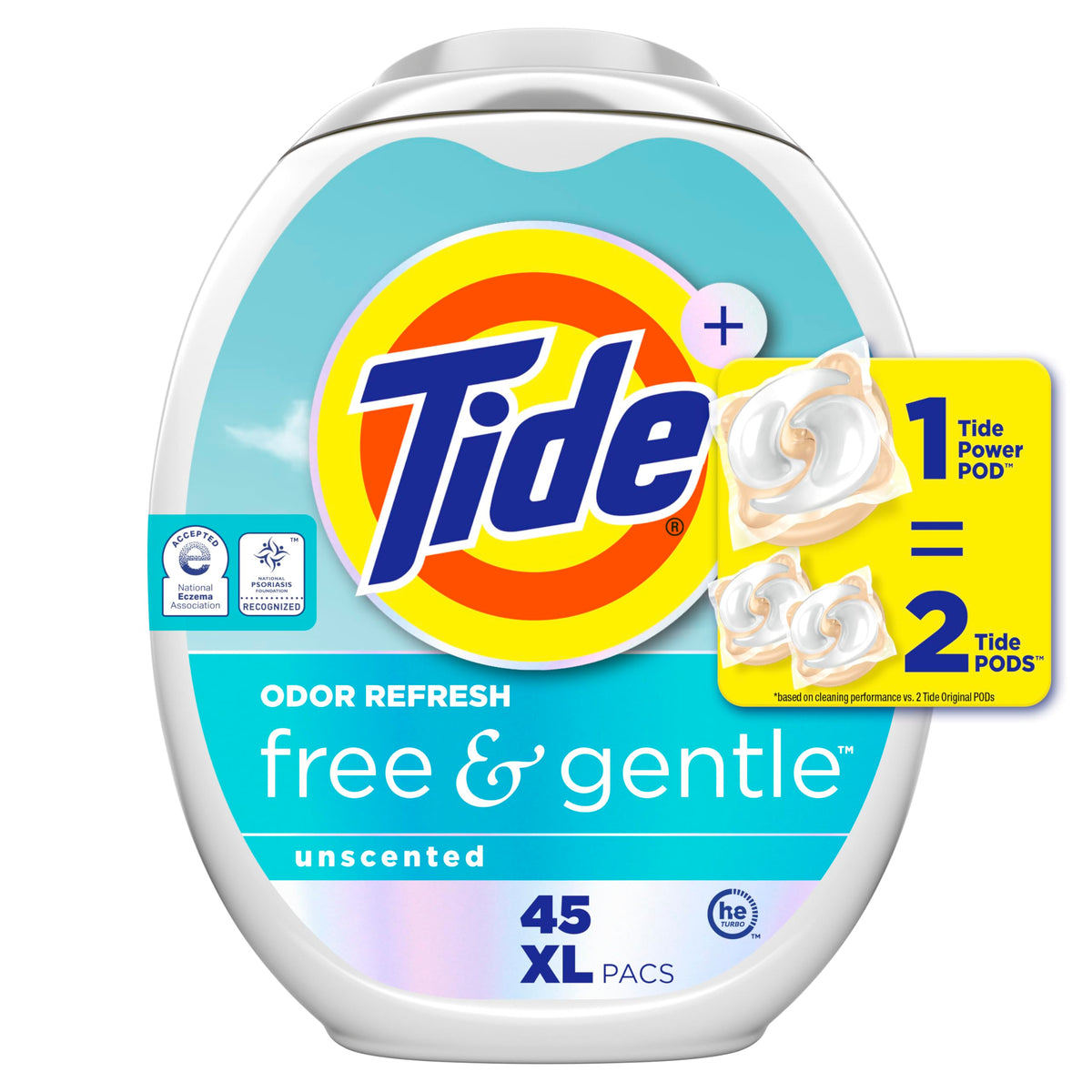 Tide PODS Free & Gentle Odor Refresh pod dispensing into a washing machine for easy loads