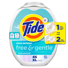 Tide PODS Free & Gentle Odor Refresh pod dispensing into a washing machine for easy loads