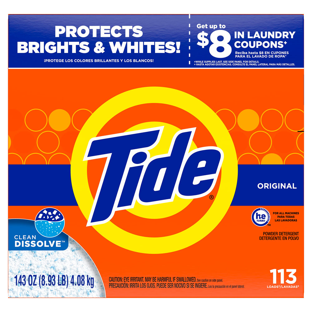Tide Powder Detergent Original Scent front packaging, 143 oz, ideal for frequent laundry cycles.